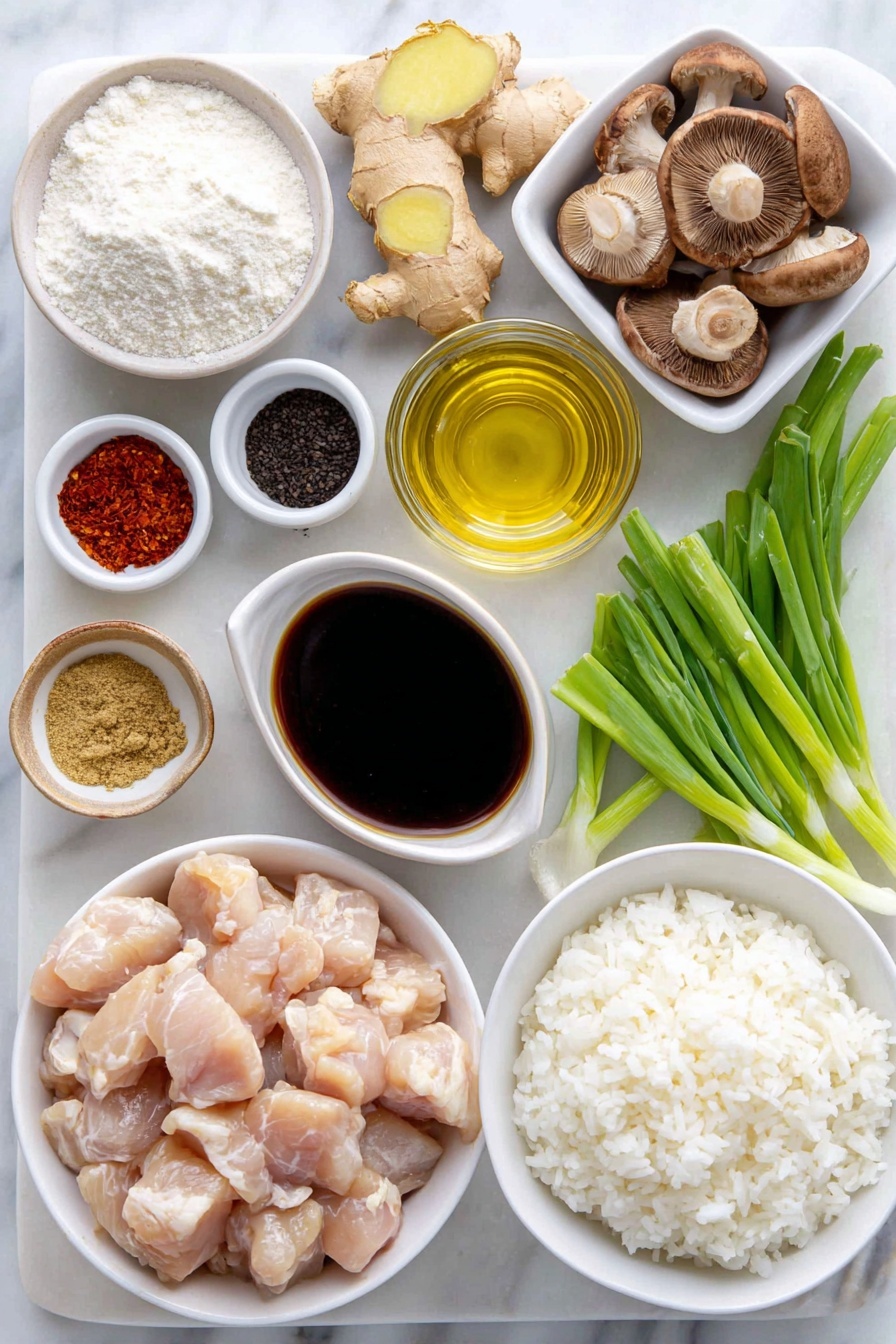 Black Pepper Mushroom Chicken Stir Fry, chicken stir fry recipes, mushroom stir fry, black pepper chicken, easy Asian stir fry - Flat lay of boneless skinless chicken thighs cut into cubes, a small bowl of cornstarch, a small white bowl with low-sodium soy sauce, a few coarse black peppercorns and ground black pepper, a few fresh shiitake, oyster, cremini, and button mushrooms thinly sliced, a small bunch of green onions cut into 1-inch pieces, three whole garlic cloves unpeeled, a small piece of fresh ginger root with grated portion visible, a small white bowl of light brown sugar, a small white bowl of oyster sauce, a small white bowl of sesame oil, a small white bowl of rice wine vinegar, a few scattered coarse kosher salt crystals, and a simple mound of steamed white rice on a white ceramic plate placed on a clean white marble surface, soft natural light, photo taken with an iPhone, professional food photography style, fresh ingredients, white ceramic bowls, no bottles, no duplicates, no utensils, no packaging --ar 2:3 --v 7 --p awthu7i m7354615311229779997