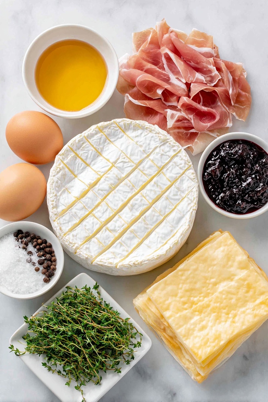 Prosciutto Baked Brie in Pastry, baked brie with prosciutto, easy appetizer with brie and prosciutto, puff pastry brie appetizer, elegant party appetizer - Flat lay of a whole wheel of brie cheese with a crosshatch cut on top, a few thin slices of pink prosciutto arranged neatly, a small white bowl of golden honey, a small white bowl of dark fig preserves, a small pile of fresh green thyme leaves, a few twists of freshly cracked black peppercorns, one whole uncracked brown egg, a white ceramic square plate holding a sheet of thawed puff pastry, and a small white bowl of coarse sparkling sugar, all placed on a clean white marble surface, soft natural light, photo taken with an iPhone, professional food photography style, fresh ingredients, white ceramic bowls, no bottles, no duplicates, no utensils, no packaging --ar 2:3 --v 7 --p awthu7i m7354615311229779997