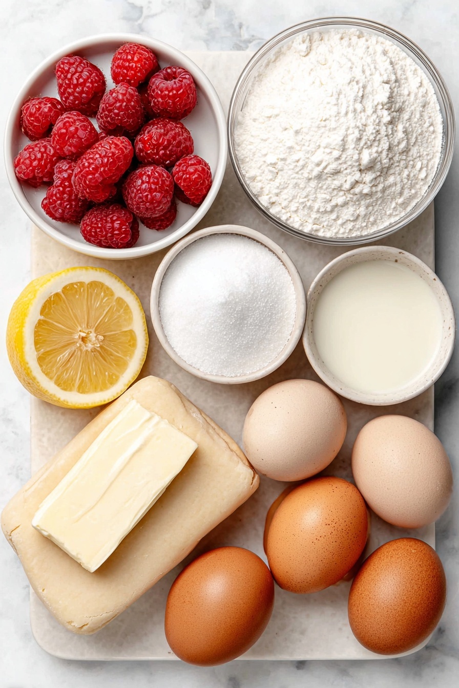 Homemade Raspberry Pop Tarts, raspberry pop tarts, homemade breakfast pastries, flaky pastry recipes, raspberry jam-filled pastries - Flat lay of fresh red raspberries scattered beside a simple white ceramic bowl filled with fine granulated sugar, a small white bowl containing translucent corn starch powder, a fresh lemon wedge with visible juice droplets, a single large brown egg with a clean uncracked shell, a small white bowl of smooth powdered sugar, another small white bowl filled with creamy milk, a tiny white bowl with a pale vanilla bean pod resting inside, and a delicate jar of red round sprinkles, all arranged symmetrically on a flat white ceramic plate alongside two pale rectangles of chilled pie crust dough, placed on a clean white marble surface, soft natural light, photo taken with an iPhone, professional food photography style, fresh ingredients, white ceramic bowls, no bottles, no duplicates, no utensils, no packaging --ar 2:3 --v 7 --p awthu7i m7354615311229779997