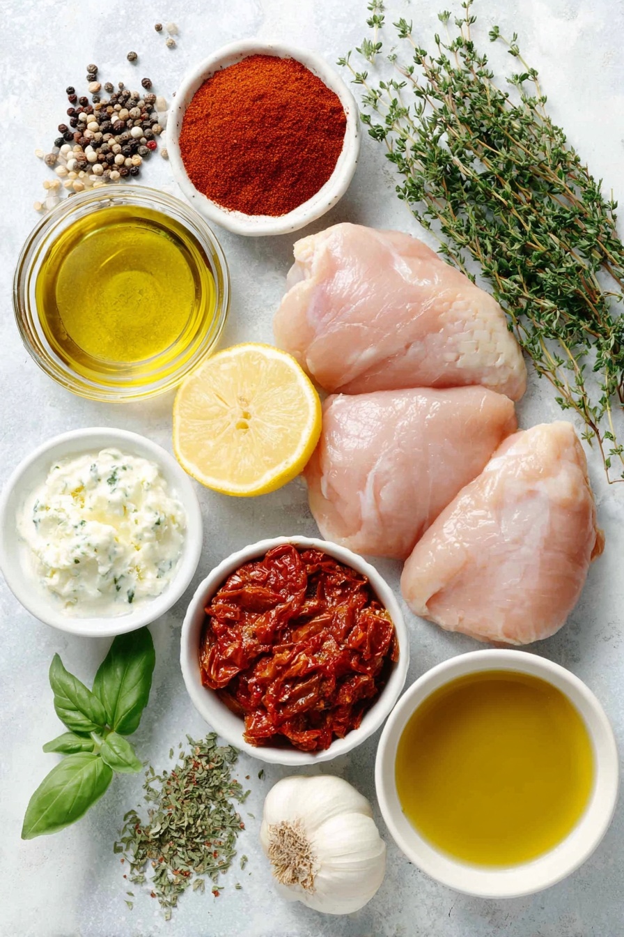 Sheet Pan Tzatziki Chicken and Orzo, Mediterranean chicken dinner, easy Greek-inspired family dinner, one-pan chicken with tzatziki, quick weeknight Mediterranean meal - Flat lay of extra virgin olive oil in a small white ceramic bowl, vibrant red tomato paste in a small white bowl, a small pile of smoked paprika powder, six peeled garlic cloves, a whole fresh lemon with zest and two lemon wedges, a small pinch of red chili flakes on white ceramic dish, kosher salt and black peppercorns scattered next to each other, two plump boneless raw chicken thighs, a small pat of salted butter, a few fresh thyme sprigs, dry orzo pasta scattered neatly, chopped oil-packed sun-dried tomatoes in a small white bowl, a small white bowl filled with golden chicken broth, mixed fresh herbs including basil and thyme, and a small white bowl containing creamy tzatziki sauce, all arranged symmetrically with realistic proportions on a clean white marble surface, soft natural light, photo taken with an iPhone, professional food photography style, fresh ingredients, white ceramic bowls, no bottles, no duplicates, no utensils, no packaging --ar 2:3 --v 7 --p m7354615311229779997