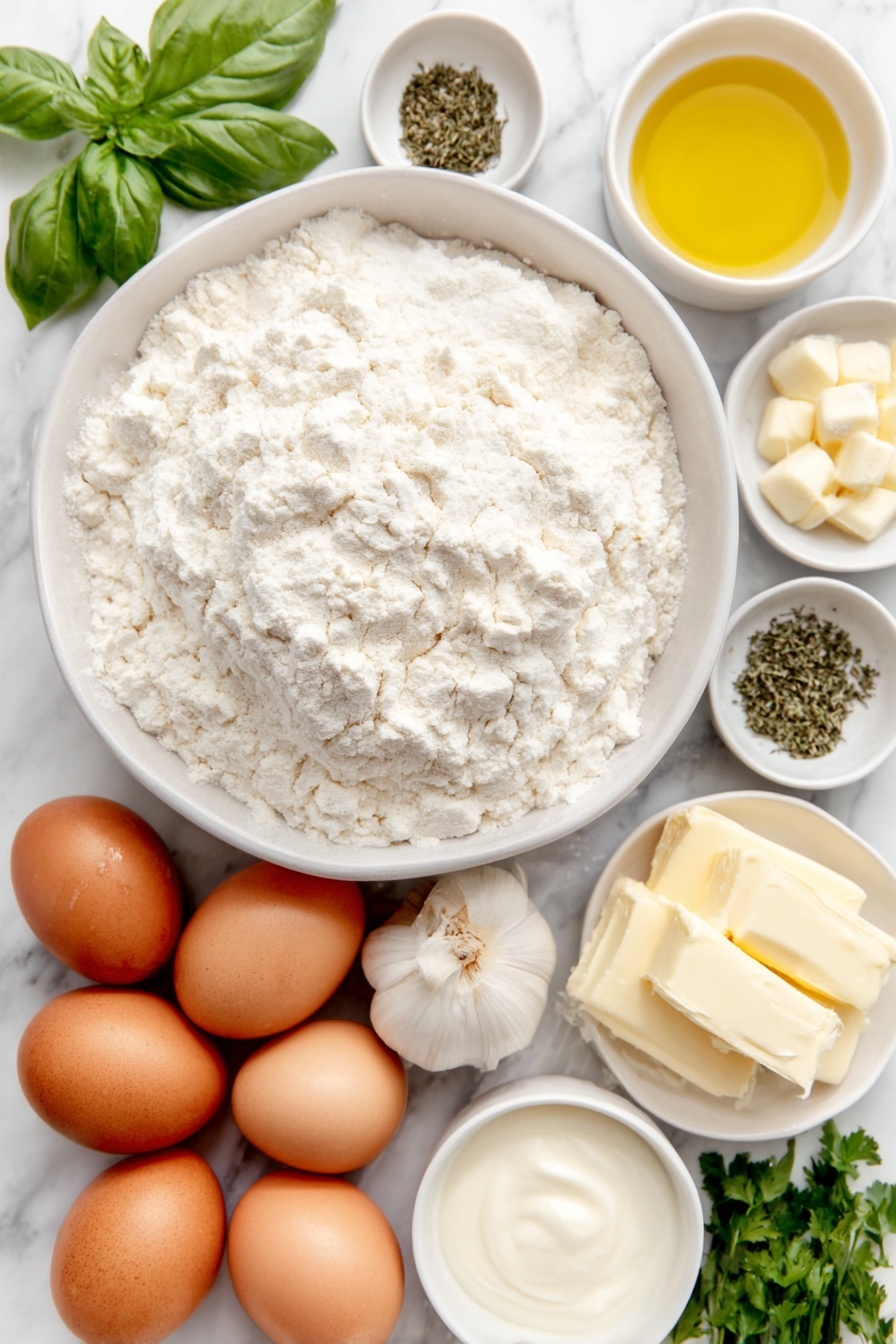 Vegan Garlic Herb Bread, vegan bread with garlic and herbs, easy vegan bread recipe, quick vegan garlic bread, plant-based herb bread - Flat lay of a small mound of strong white bread flour, a large white ceramic bowl filled with lukewarm water, three whole brown eggs with clean shells, a small white bowl of golden olive oil, a small white bowl of creamy unsweetened almond milk, a small white bowl of softened vegan butter, eight fresh whole garlic cloves, a small white bowl with dried parsley, a small white bowl with dried thyme, a handful of fresh coriander sprigs, and a handful of fresh basil leaves, all arranged in perfect symmetry and natural proportions, placed on a clean white marble surface, soft natural light, photo taken with an iPhone, professional food photography style, fresh ingredients, white ceramic bowls, no bottles, no duplicates, no utensils, no packaging --ar 2:3 --v 7 --p m7354615311229779997
