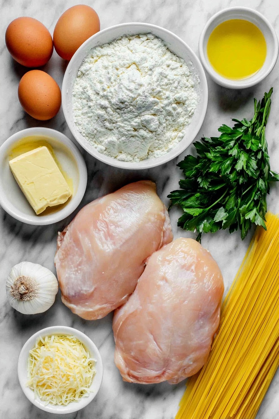 Creamy Lemon Chicken Breast, Chicken with Lemon Sauce, Easy Lemon Chicken, Healthy Chicken Dinner, Quick Lemon Chicken - Flat lay of two large raw chicken breasts with smooth pale pink skin, a small mound of all-purpose flour in a white ceramic bowl, a few whole uncracked brown eggs, a small white bowl with a pat of unsalted butter, one garlic bulb with two separated peeled cloves, a small white bowl filled with golden yellow lemon juice, a small bunch of fresh parsley sprigs, a small white bowl of heavy cream, a small white bowl of finely grated pale yellow parmesan cheese, a few strands of uncooked linguine pasta neatly aligned, and a small white bowl of chicken broth with a light golden hue, placed on a clean white marble surface, soft natural light, photo taken with an iPhone, professional food photography style, fresh ingredients, white ceramic bowls, no bottles, no duplicates, no utensils, no packaging --ar 2:3 --v 7 --p m7354615311229779997