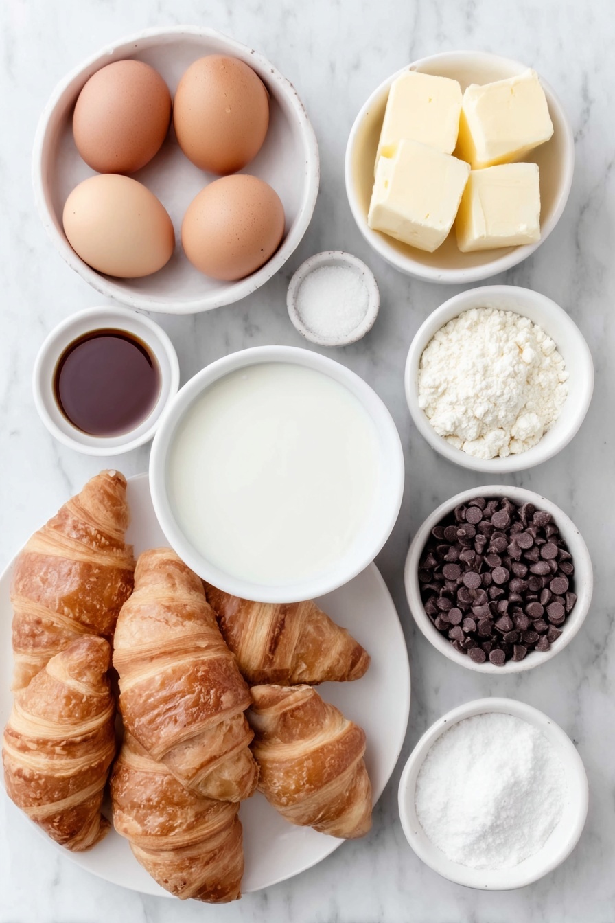Chocolate Croissant Bake, chocolate pastry casserole, easy breakfast bake, brunch dessert recipe, baked croissant pudding - Flat lay of six whole uncracked brown eggs, a small white ceramic bowl of whole milk, a small white ceramic bowl of heavy cream, a small white ceramic bowl of granulated sugar, a small white ceramic bowl of vanilla extract, a small white ceramic bowl of salt, six fresh golden croissants torn into 1-inch cubes arranged neatly on a simple white ceramic plate, and a small white ceramic bowl of glossy semi-sweet chocolate chips, placed on a clean white marble surface, soft natural light, photo taken with an iPhone, professional food photography style, fresh ingredients, white ceramic bowls, no bottles, no duplicates, no utensils, no packaging --ar 2:3 --v 7 --p m7354615311229779997