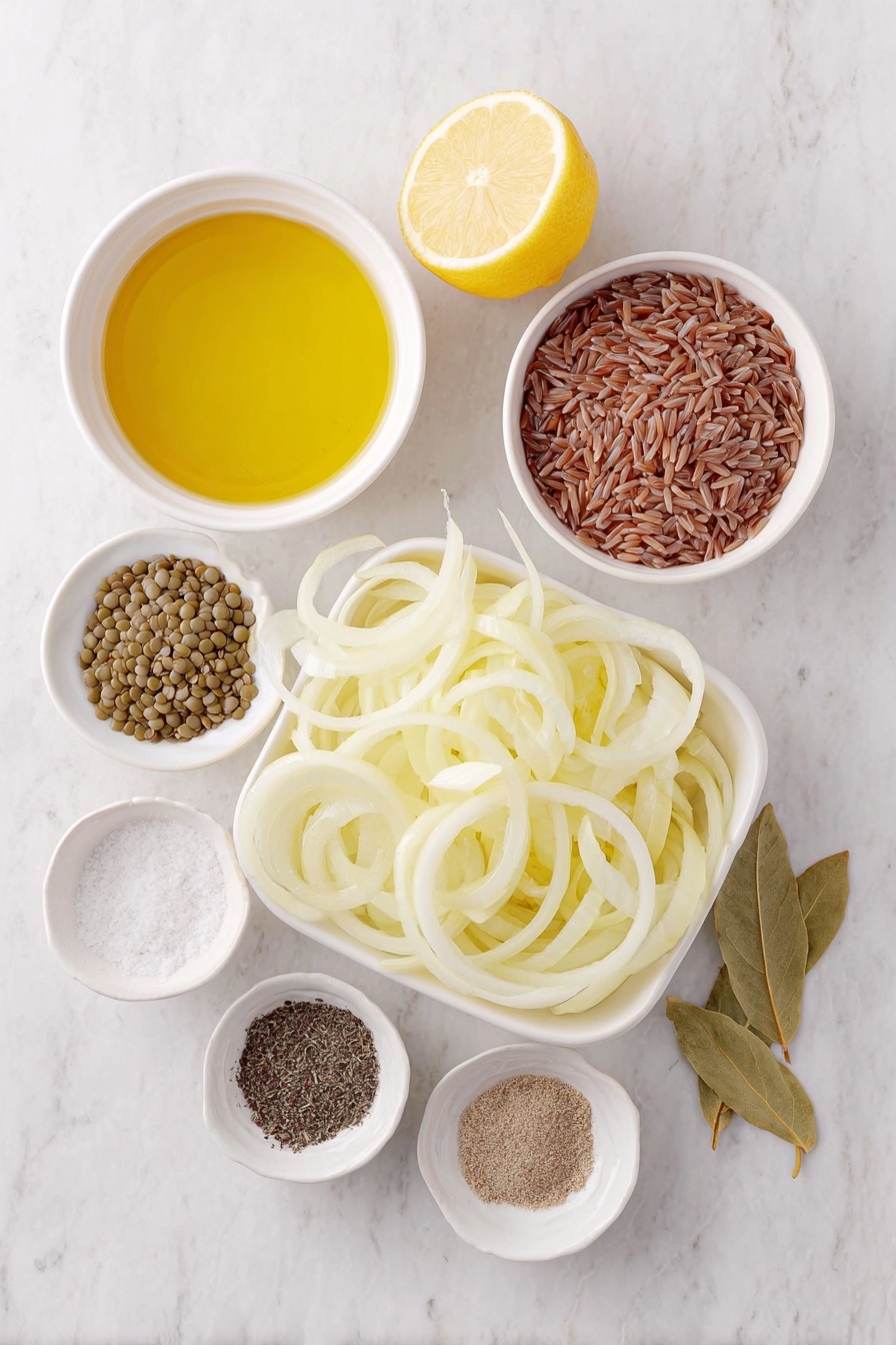 Easy Mujadara Lentils and Rice, Middle Eastern lentil and rice dish, hearty vegetarian meal, caramelized onion recipes, simple lentil recipes - Flat lay of five medium yellow onions sliced into rings, a small white ceramic bowl of green lentils, a small white ceramic bowl of brown rice grains, two dried bay leaves, a small white ceramic bowl of olive oil, a small white ceramic bowl of ground cumin powder, a small white ceramic bowl of coarse black pepper, a small white ceramic bowl of coarse salt crystals, and a small white ceramic bowl of vegetable bouillon powder, all placed on a clean white marble surface, soft natural light, photo taken with an iPhone, professional food photography style, fresh ingredients, white ceramic bowls, no bottles, no duplicates, no utensils, no packaging --ar 2:3 --v 7 --p m7354615311229779997