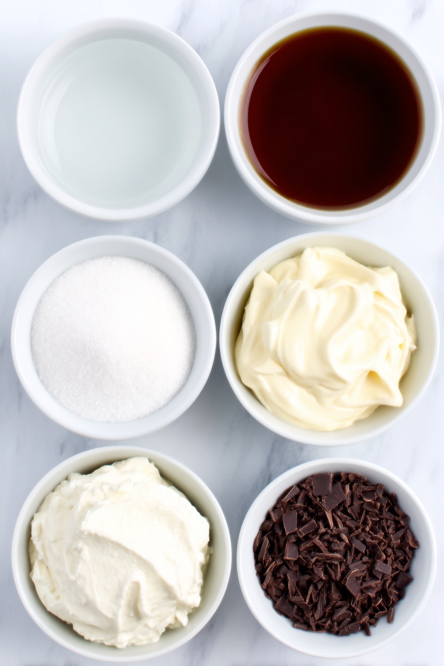 Coffee Mousse, Coffee Mousse Recipe, Coffee Dessert, Easy Coffee Mousse, Creamy Coffee Dessert - Flat lay of a small white ceramic bowl of dark brown instant coffee granules, a small white ceramic bowl of clear water, a small white ceramic bowl filled with fine white granulated sugar, a small white ceramic bowl containing pale beige powdered gelatine, a small white ceramic bowl with clear vanilla extract, a small white ceramic bowl overflowing with cold, thick white whipping cream, and a small white ceramic bowl with dark chocolate shavings, all arranged in perfect symmetry and balanced proportions, placed on a clean white marble surface, soft natural light, photo taken with an iPhone, professional food photography style, fresh ingredients, white ceramic bowls, no bottles, no duplicates, no utensils, no packaging --ar 2:3 --v 7 --p m7354615311229779997