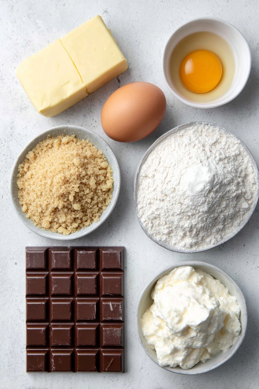 S'mores Cookie Bars, easy s'mores dessert bars, chocolate marshmallow cookie bars, campfire s'mores treats, gooey s'mores bars - Flat lay of a soft pat of butter, a small mound of light and dark brown sugar crystals side by side, a single clean whole brown egg, a small white ceramic bowl of smooth vanilla extract, a neat pile of all-purpose flour, a small heap of finely crushed graham cracker crumbs, a pinch of coarse salt crystals, a small mound of baking soda powder, five unwrapped Hershey chocolate bars arranged neatly, and a dollop of fluffy marshmallow creme in a small white bowl, all placed on a clean white marble surface, soft natural light, photo taken with an iPhone, professional food photography style, fresh ingredients, white ceramic bowls, no bottles, no duplicates, no utensils, no packaging --ar 2:3 --v 7 --p m7354615311229779997