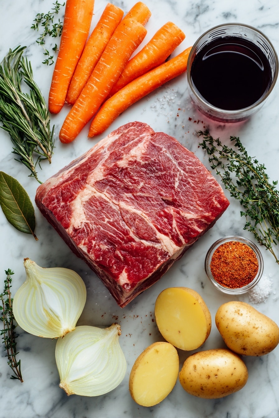 Slow Cooker Pot Roast with Root Vegetables, easy slow cooker pot roast, beef and root vegetable dinner, comforting slow cooker recipes, hearty beef stew - Flat lay of a large, raw chuck roast with rich, marbled red and white textures, surrounded by bright orange carrots peeled and halved lengthwise, smooth golden Yukon Gold potatoes quartered, and pale yellow onion halves and wedges showing their soft, layered interior; fresh, green rosemary and thyme sprigs with delicate leaves add contrast, alongside a single glossy dark green bay leaf; a small glass of deep ruby red wine glistens nearby, complemented by a sprinkle of coarse kosher salt crystals and warm red smoked paprika powder scattered softly; all ingredients are beautifully arranged with natural spacing and slight overlaps, placed on white marbled surface, photo taken with an iphone --ar 2:3 --v 7