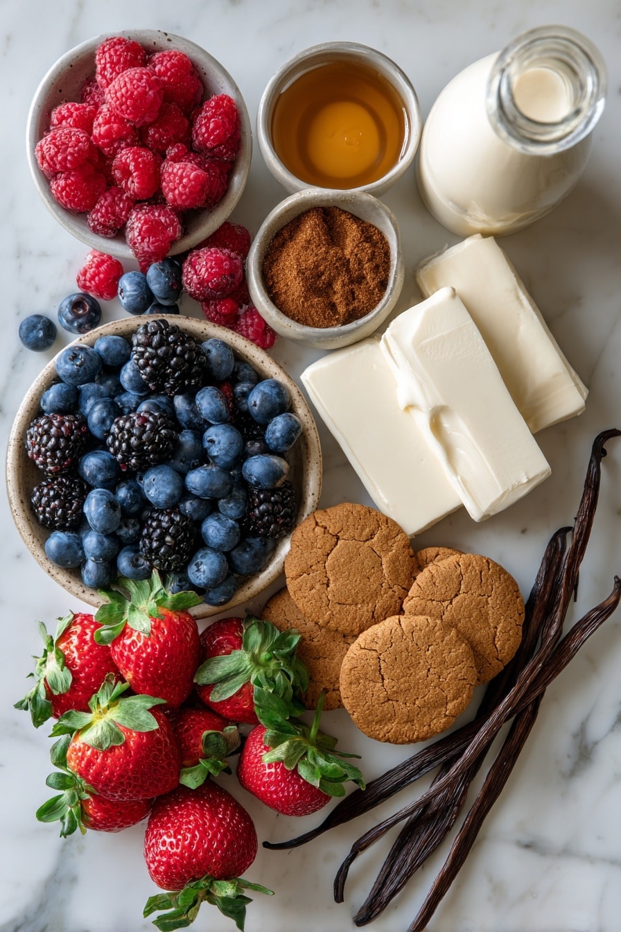 No Bake EggNog Berry Cheesecakes, festive no-bake desserts, holiday cheesecakes with berries, quick easy Christmas desserts, eggnog cheesecake recipe - Flat lay of fresh mixed berries including bright red raspberries, deep blue blueberries, glossy blackberries, and vibrant strawberries with green leaves, smooth blocks of creamy white cream cheese, a small pile of golden-brown gingerbread cookies with a crunchy texture, light brown melted butter in a soft pool, a small mound of warm brown nutmeg powder, a bottle of creamy pale eggnog with subtle off-white tone, and a vanilla bean pod with rich dark brown color, all beautifully arranged with natural spacing and slight overlaps, placed on white marbled surface, photo taken with an iphone --ar 2:3 --v 7