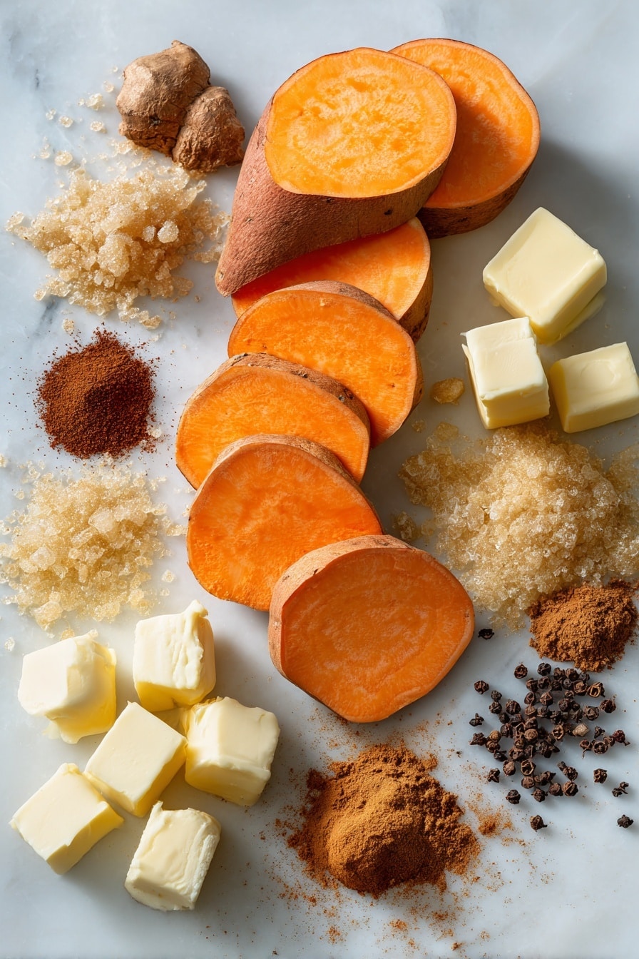 Southern Candied Yams, Southern Candied Yams Recipe, Easy Candied Yam Side Dish, Best Candied Yams, Sweet Yams with Brown Sugar and Cinnamon - Flat lay of three medium sweet potatoes with vibrant orange flesh, several thick slices neatly cut to show their smooth, moist texture, a few cubes of pale yellow unsalted butter with soft edges, small mounds of golden granulated sugar and rich dark brown sugar crystals shimmering slightly, warm brown ground cinnamon and reddish-brown ground nutmeg forming gentle piles, a light dusting of finely ground ginger powder in soft beige tones, and a few tiny heaps of deep brown ground cloves, all carefully spaced and naturally scattered with slight overlaps to create depth, placed on white marbled surface, photo taken with an iphone --ar 2:3 --v 7