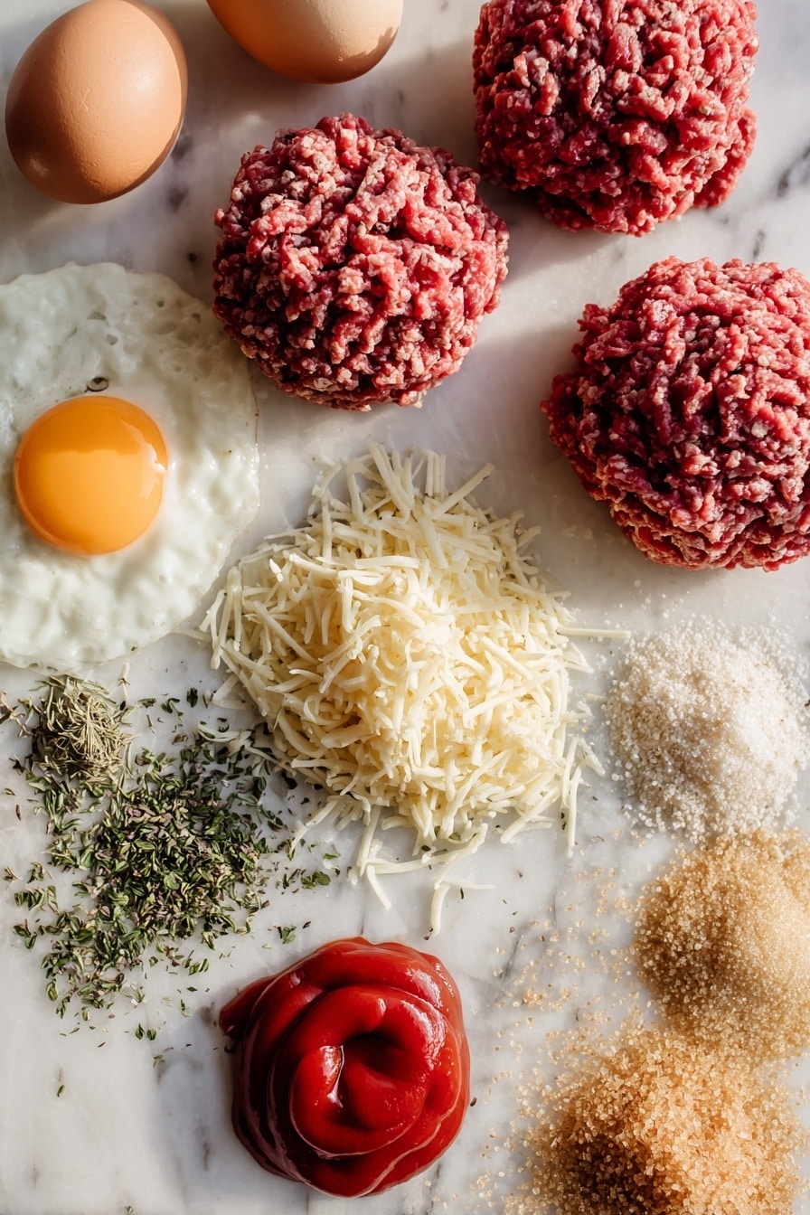 Slow Cooker Meatloaf with Parmesan and Sweet Ketchup Glaze, delicious slow cooker meatloaf, easy comfort food recipes, Parmesan meatloaf recipe, family dinner ideas - Flat lay of fresh ground beef and ground pork in neat mounds showing their rich red and pink colors and coarse texture, a small pile of shredded pale yellow Parmesan cheese with fine strands, two smooth brown eggs, a handful of dried golden brown bread crumbs, a small bunch of dried green Italian seasoning herbs, a small pile of fine light beige onion powder, a vibrant red dollop of ketchup with a glossy surface, and some golden brown granulated brown sugar crystals, all beautifully arranged with natural spacing and soft shadows, placed on white marbled surface, photo taken with an iphone --ar 2:3 --v 7