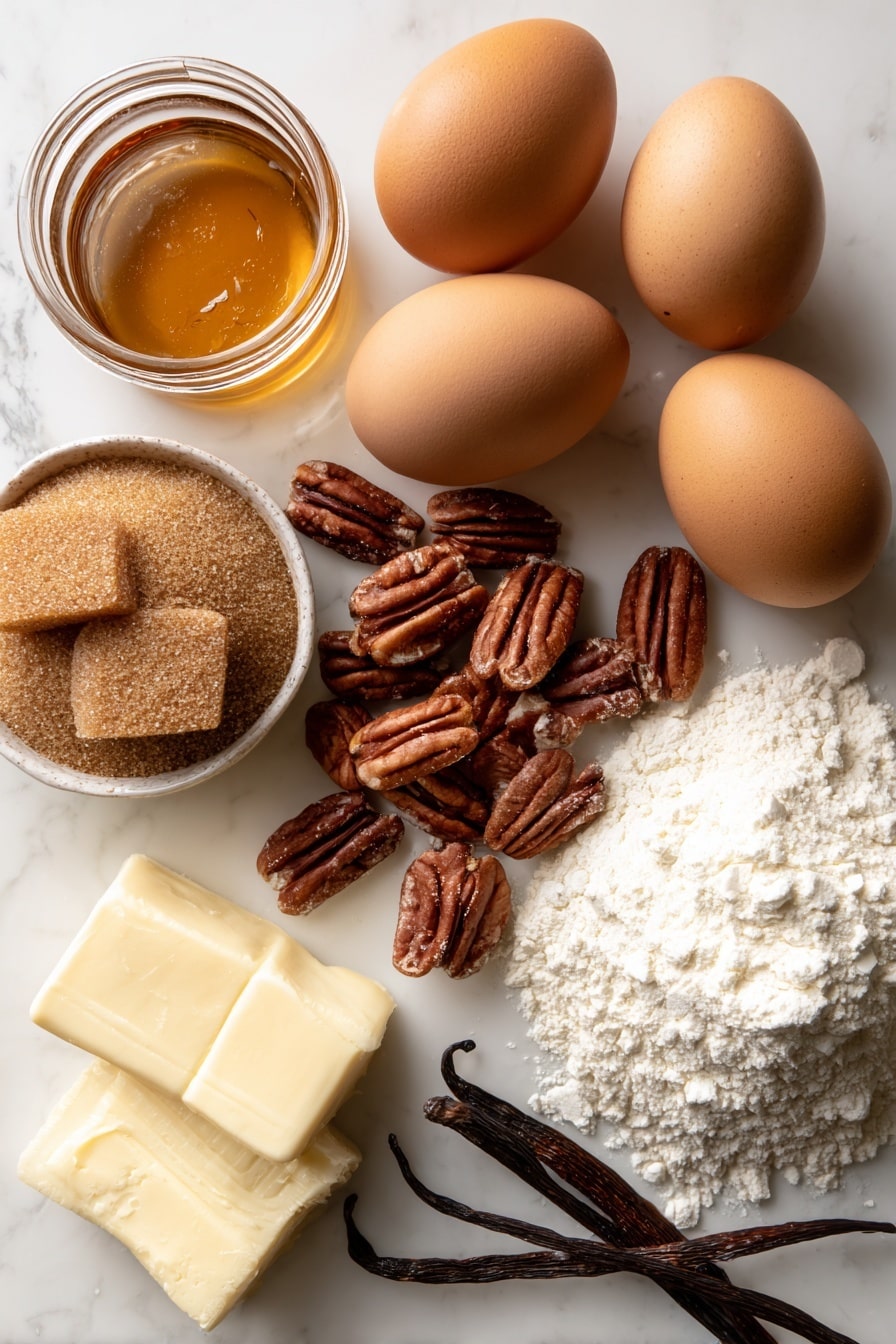 Maple Pecan Blondies, maple pecan blondies recipe, easy blondies with pecans, comforting fall desserts, homemade blondie bars - Flat lay of glossy golden maple syrup in a small glass jar, rich brown packed brown sugar with a slightly coarse texture, smooth pale yellow unsalted butter, a cluster of raw light brown pecans with textured shells and some chopped pecan pieces scattered loosely, two large fresh brown eggs with smooth shells, a small vanilla bean pod with its dark brown wrinkled surface, and a mound of soft off-white all-purpose flour, all beautifully arranged with natural spacing and gentle shadows, placed on white marbled surface, photo taken with an iphone --ar 2:3 --v 7