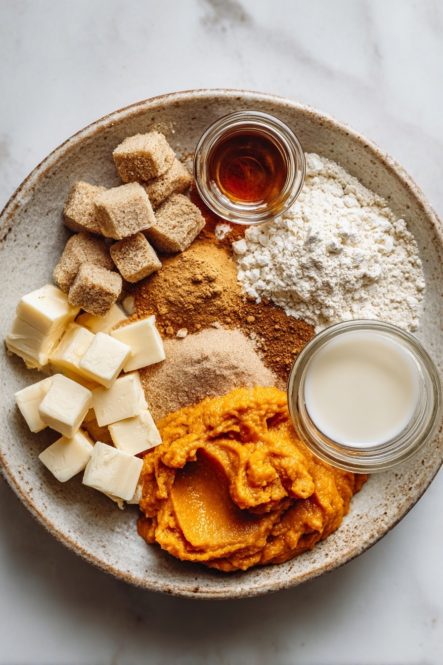 Starbucks Copycat Vegan Pumpkin Scones, vegan pumpkin scones recipe, vegan fall bakery ideas, homemade pumpkin scones, dairy-free pumpkin scones - Flat lay of vibrant orange pumpkin puree in a rustic bowl, warm brown packed brown sugar crystals, a small pile of golden vegan butter cubes with a soft texture, a heap of light beige all-purpose flour dusted lightly, a scattering of mixed warm-toned pumpkin pie spice powders in shades of cinnamon brown and nutmeg tan, glossy deep amber pure vanilla extract in a tiny glass vial, creamy white unsweetened applesauce with a smooth texture, and a splash of pale almond milk in a clear small jar, all beautifully arranged in a natural, loose cluster with soft shadows and gentle highlights, placed on white marbled surface, photo taken with an iphone --ar 2:3 --v 7