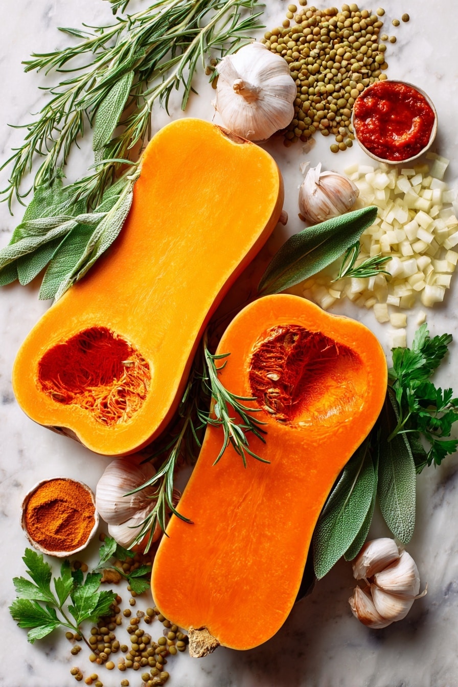 Creamy Lentil Stuffed Butternut Squash with Butternut Tahini Sauce, healthy stuffed butternut squash, vegan lentil squash bake, flavorful butternut squash recipes, hearty plant-based squash dish - Flat lay of vibrant orange halved butternut squash with smooth, glossy skin and bright, fleshy interiors, scattered fresh green sage leaves with soft textured blades, sprigs of rosemary showing tiny needle-like leaves in deep green, diced golden yellow onions with crisp edges, peeled cloves of white garlic with smooth surfaces, rich red tomato paste in a small dollop, earthy green-brown dry lentils with a matte finish, small bunch of bright Italian flat-leaf parsley with delicate leaves, and a few fresh glossy bay leaves displaying their elongated shape, all beautifully arranged with natural shadows and highlights, placed on white marbled surface, photo taken with an iphone --ar 2:3 --v 7