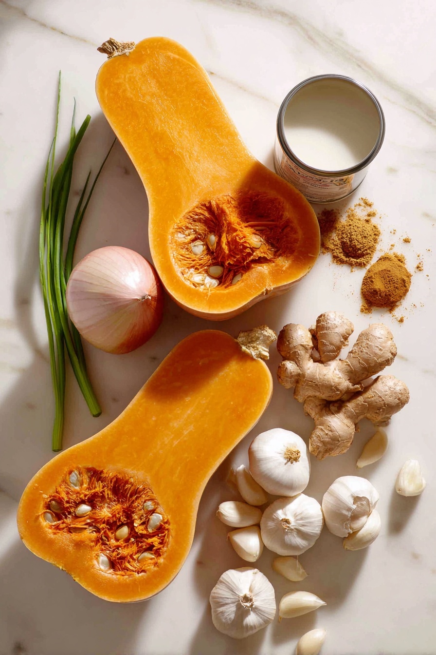 Vegan Butternut Squash Soup, healthy fall soup, creamy vegan soup, easy vegan soup recipe, cozy vegan squash soup - Flat lay of a large vibrant orange butternut squash cut in half showing smooth flesh and seeds, a small sweet onion with pale purple layers, several cloves of glossy white garlic, a small pile of light brown ground nutmeg powder, a heap of warm golden ground ginger powder, a few shiny maple syrup droplets glistening, fresh green sprigs of ginger root with textured skin, and a small open can of creamy white coconut milk, all beautifully arranged with natural spacing and gentle shadows, placed on white marbled surface, photo taken with an iphone --ar 2:3 --v 7