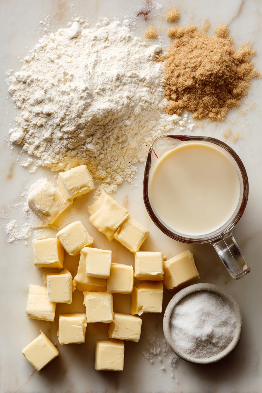 Southern-Style Vegan Buttermilk Biscuits, vegan biscuit recipe, plant-based flaky biscuits, dairy-free Southern biscuits, vegan breakfast biscuits - Flat lay of cold pale yellow vegan butter cut into small cubes, a glass measuring cup filled with creamy off-white soy milk mixed with golden apple cider vinegar, a neat pile of fine white all-purpose flour, a small heap of light brown granulated sugar, scattered white baking powder, a few pinches of fine white salt crystals, all arranged naturally with some flour dust lightly spread around, placed on white marbled surface, photo taken with an iphone --ar 2:3 --v 7