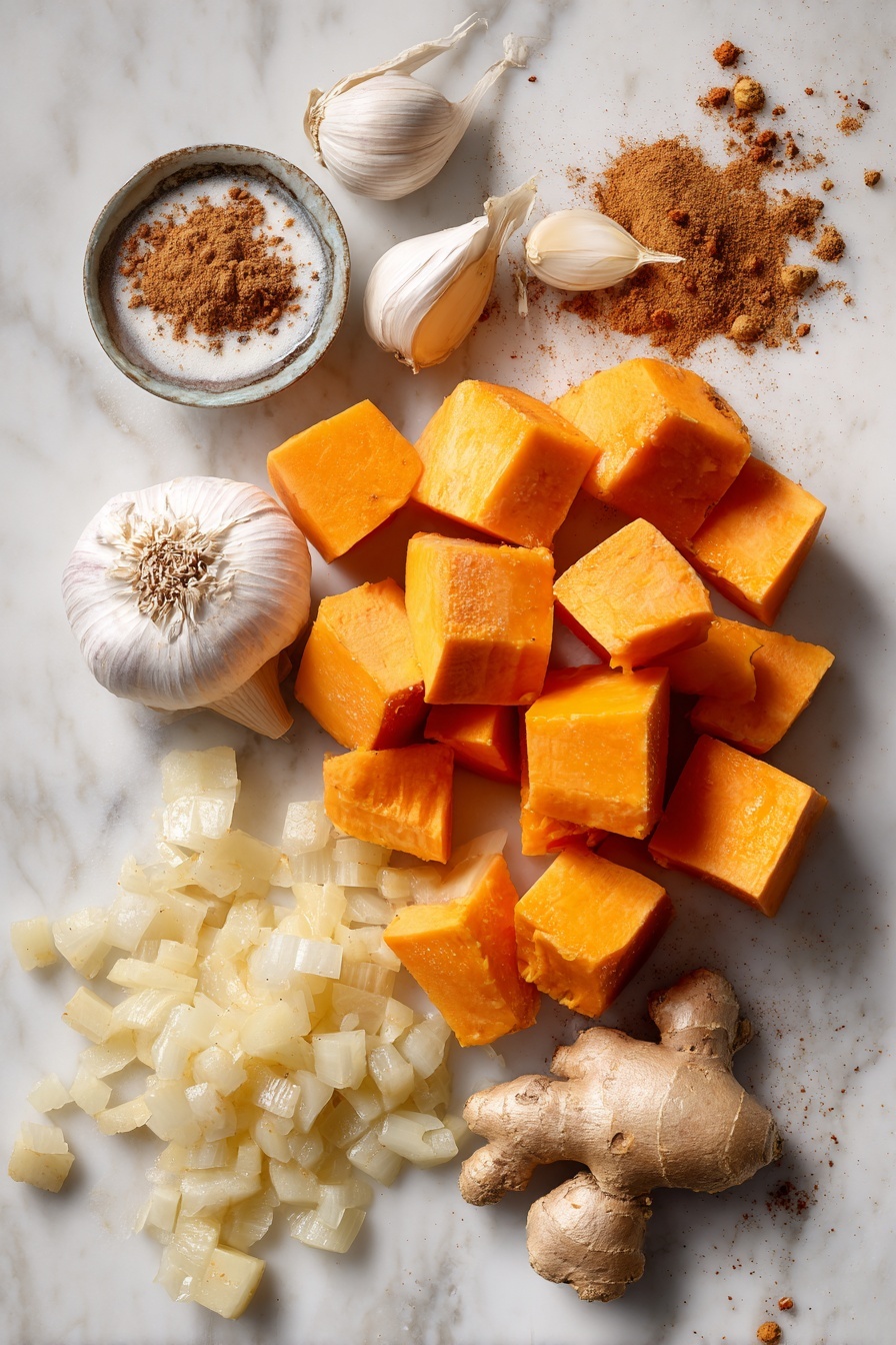Butternut Squash and Sweet Potato Soup, fall vegetable soup, vegan squash soup, creamy winter squash soup, healthy butternut squash soup - Flat lay of vibrant cubed butternut squash with its warm orange color and smooth texture, bright orange peeled sweet potato chunks, a cluster of shiny golden sweet onions diced, several cloves of plump garlic with papery white skins, fresh pale beige ginger root with knobby texture, small heap of ground cinnamon and nutmeg powders showing soft brown hues, and a small swirl of creamy white coconut milk, all naturally arranged with some scattered whole spices and fresh ginger slices for contrast, placed on white marbled surface, photo taken with an iphone --ar 2:3 --v 7