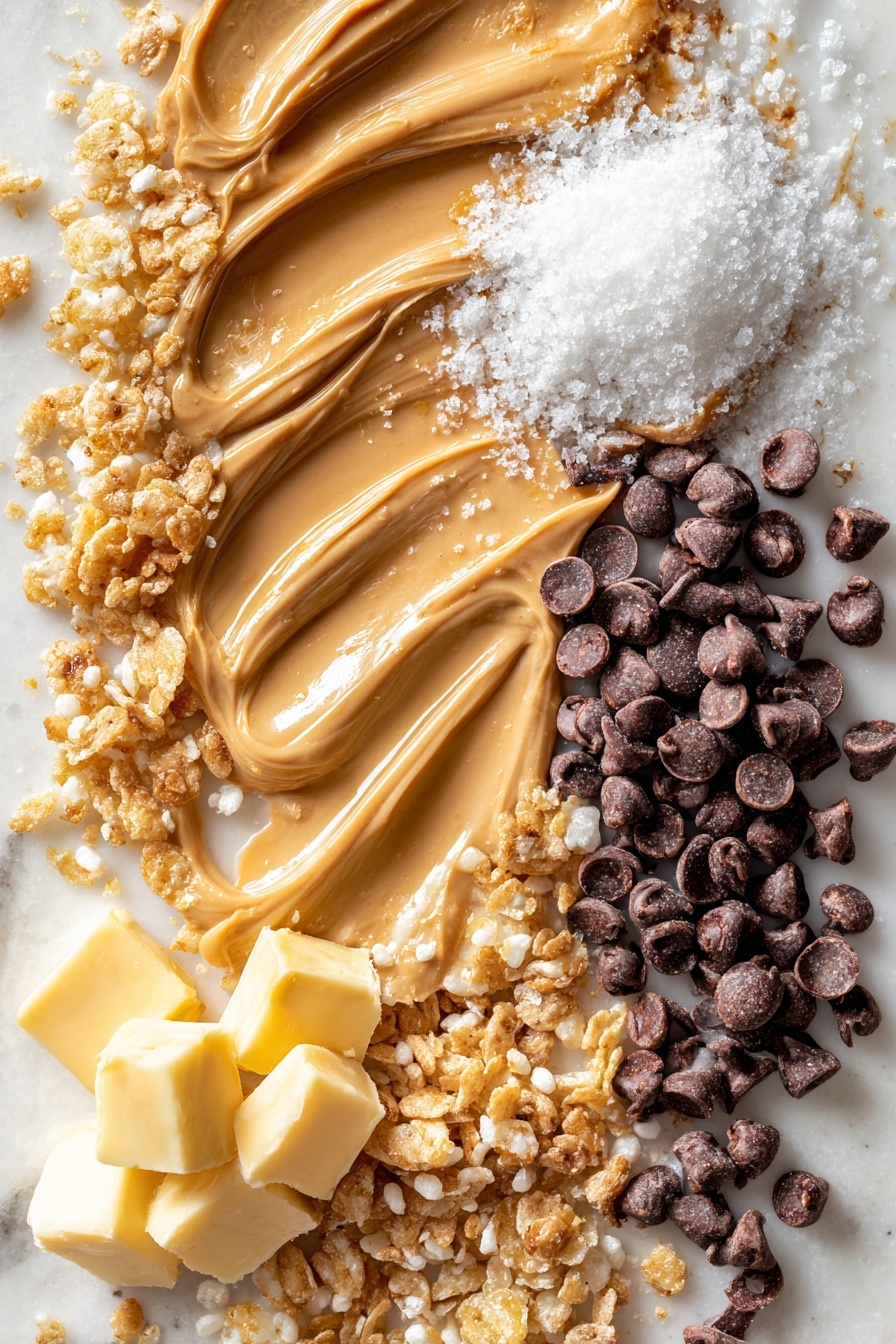 Vegan Chocolate Peanut Butter Balls, vegan peanut butter treats, dairy-free chocolate snacks, plant-based dessert balls, easy vegan snack recipe - Flat lay of creamy light brown peanut butter swirled softly beside smooth, pale yellow vegan butter chunks, fine white powdered sugar dusted gently near crispy golden Rice Krispies cereal clusters, shiny dark vegan chocolate chips scattered loosely with a glossy texture, and small glistening blobs of refined coconut oil gleaming softly, all beautifully arranged with balanced spacing and natural flow, placed on white marbled surface, photo taken with an iphone --ar 2:3 --v 7