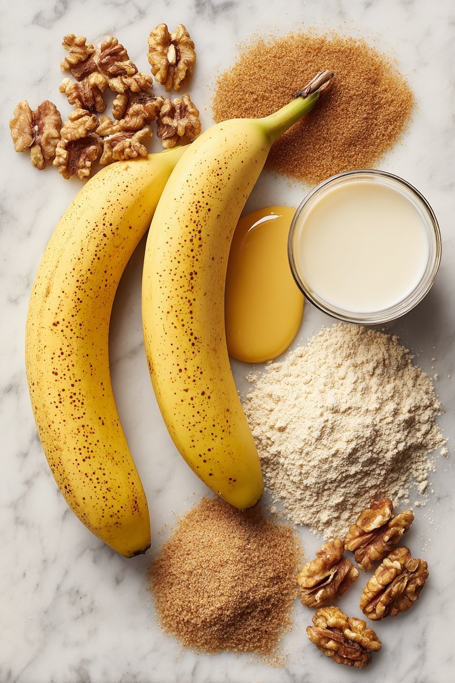 Best Vegan Banana Bread, vegan banana bread recipe, moist vegan banana bread, easy vegan banana bread, healthy vegan banana bread - Flat lay of two large ripe bananas with bright yellow skins and brown speckles, a small pile of rich brown chopped walnuts with textured surfaces, a mound of fine light brown granulated sugar, a smooth pool of golden melted vegan butter, a neat heap of light beige ground flaxseed powder, a small glass of creamy white almond milk, a scattering of warm tan all-purpose flour with soft powdery texture, and a sprinkle of fine brown fresh ground nutmeg, all naturally arranged with some ingredients slightly overlapping, placed on white marbled surface, photo taken with an iphone --ar 2:3 --v 7