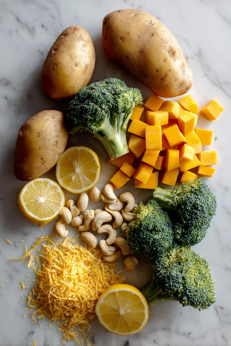 Vegan Cheesy Broccoli Twice Baked Potatoes, vegan stuffed potatoes, healthy vegan dinner, dairy-free cheesy potatoes, plant-based baked potato dish - Flat lay of large russet potatoes with their rough, light brown skins, vibrant green broccoli florets with delicate buds, bright orange butternut squash cubes with smooth edges, creamy raw cashews in a small pile showing their pale, curved shapes, golden yellow non-dairy cheddar cheese shreds with a slightly crumbly texture, fresh lemon wedges with bright yellow rinds and juicy interiors, and scattered nutritional yeast flakes that have a light, flaky texture, all beautifully arranged in a natural, slightly overlapping pattern placed on white marbled surface, photo taken with an iphone --ar 2:3 --v 7