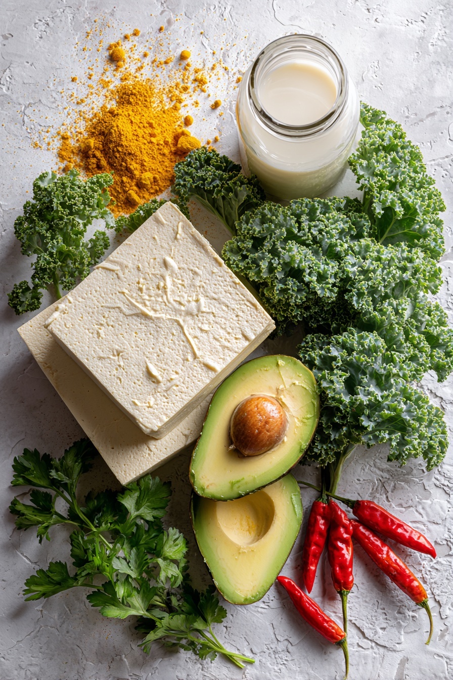 The Best Tofu Scramble, tofu scramble recipe, plant-based breakfast, vegan breakfast ideas, healthy tofu recipes - Flat lay of a firm block of creamy white tofu, bright golden turmeric powder sprinkled nearby, vivid yellow nutritional yeast flakes, fresh green curly kale leaves, deep green parsley sprigs, a ripe avocado sliced to show its smooth pale green flesh, small clusters of red chili peppers, and a glass jar of milky white unsweetened non-dairy milk, all beautifully arranged with contrasting colors and textures in a natural, slightly scattered pattern, placed on white marbled surface, photo taken with an iphone --ar 2:3 --v 7