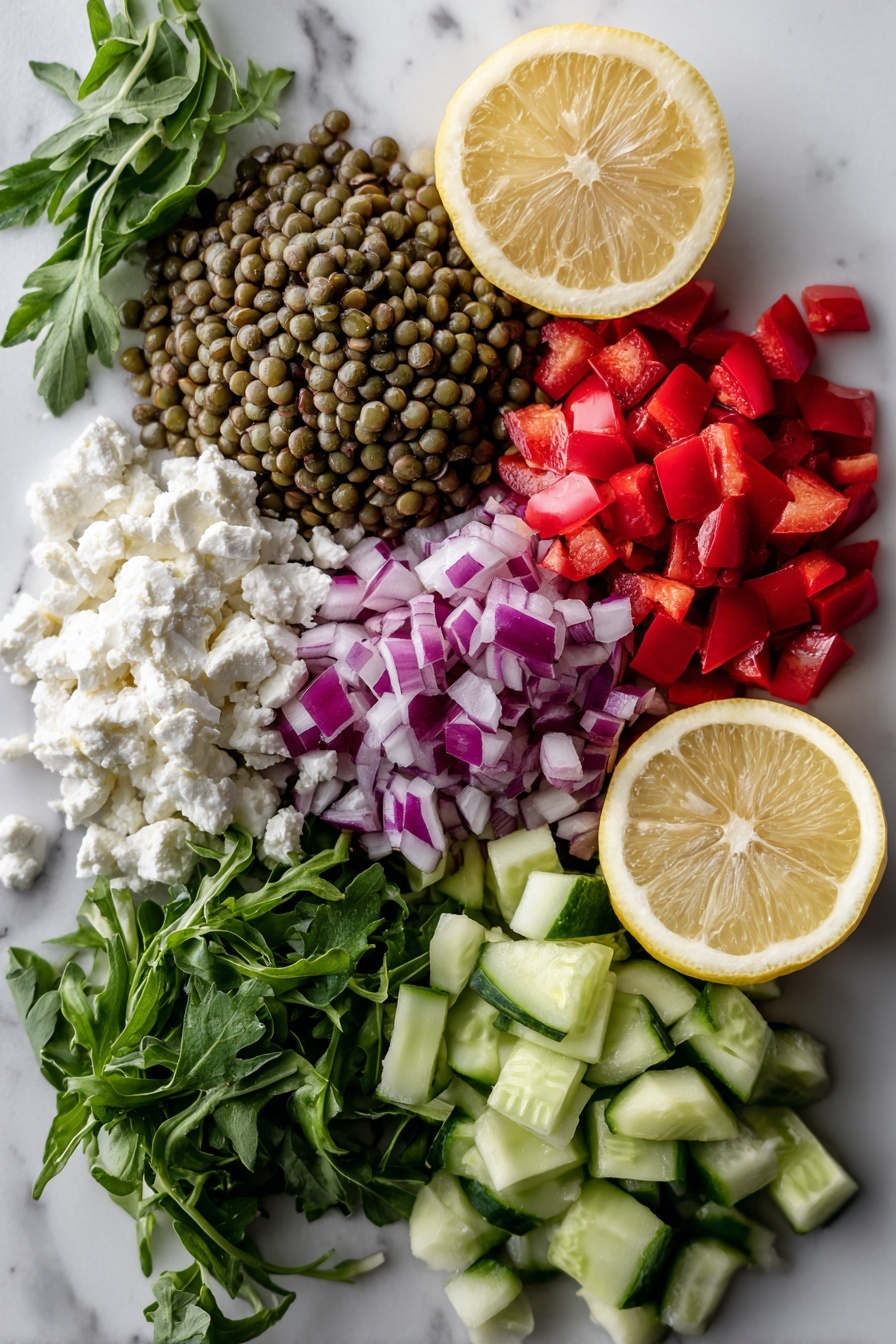 The Best Lentil Salad, healthy lentil salad, quick lentil salad, nourishing vegetarian salad, flavorful lentil side dish - Flat lay of fresh green lentils with their small round shapes and muted earth tones, vibrant diced red bell pepper pieces with glossy red skin, crisp diced English cucumber showing pale green and white juicy flesh, small diced red onion chunks with deep purple hues and papery layers, bright green chopped parsley leaves with delicate textures, creamy white crumbled vegan feta cheese with crumbly texture, fresh arugula leaves with dark green jagged edges, and a whole lemon cut in half revealing bright yellow juicy segments, all beautifully arranged with natural spacing and balance, placed on white marbled surface, photo taken with an iphone --ar 2:3 --v 7