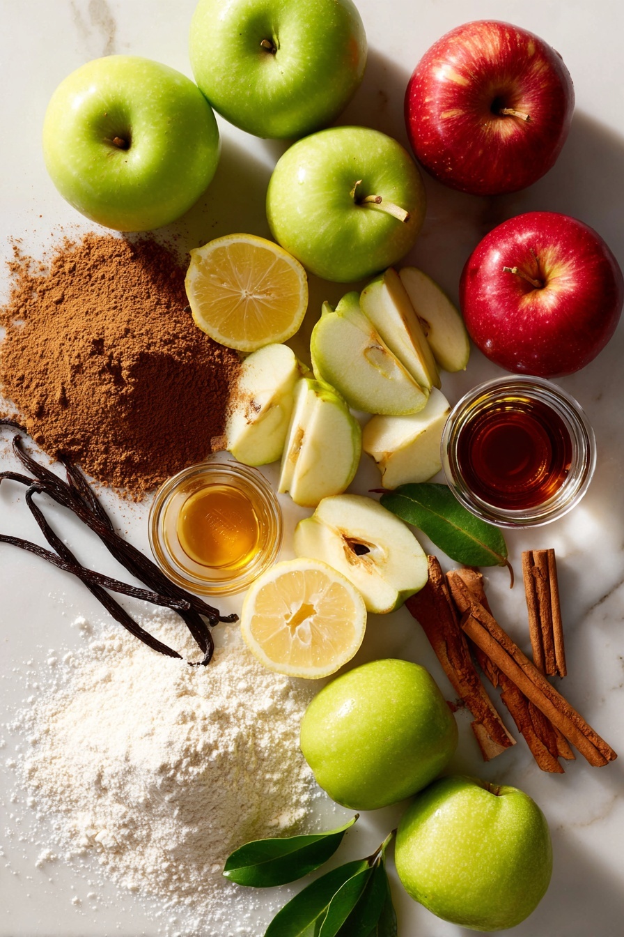 Vegan Apple Pie, Vegan Apple Pie Recipe, Plant-Based Apple Pie, Fall Vegan Desserts, Vegan Pie Crust - Flat lay of a variety of fresh apples including bright green Granny Smiths and warm red Honeycrisps, some whole and some sliced to show their crisp texture, beside a small pile of golden vegan butter with a smooth, creamy look, a heap of ground cinnamon in rich brown powder form, scattered vanilla beans and a small glass jar of pure vanilla extract with a dark amber liquid inside, fresh lemon halves with bright yellow flesh and glossy green leaves, a neat mound of white granulated sugar sparkling softly in natural light, and a small pile of all-purpose flour with its fine, powdery texture, all beautifully arranged and contrasting on a clean white marbled surface, photo taken with an iphone --ar 2:3 --v 7