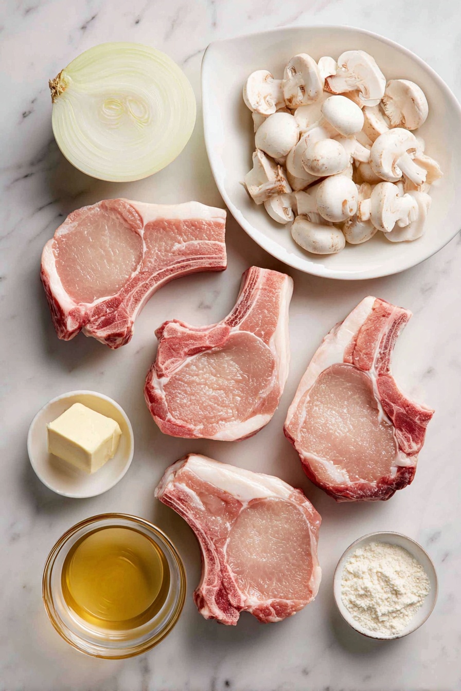 Easy Smothered Pork Chops, Pork Chops with Onion Mushroom Gravy, Hearty Pork Chop Dinner, Simple Pork Chop Recipe, Comfort Food Pork Chops - Flat lay of four thick bone-in pork chops, a large halved white onion sliced, a handful of sliced white mushrooms, a small pat of butter, a few cloves of minced garlic, a drizzle of olive oil in a small dish, a small mound of all-purpose flour, and a clear glass with chicken broth, placed on a white marble surface, photo taken with an iphone --ar 2:3 --v 7