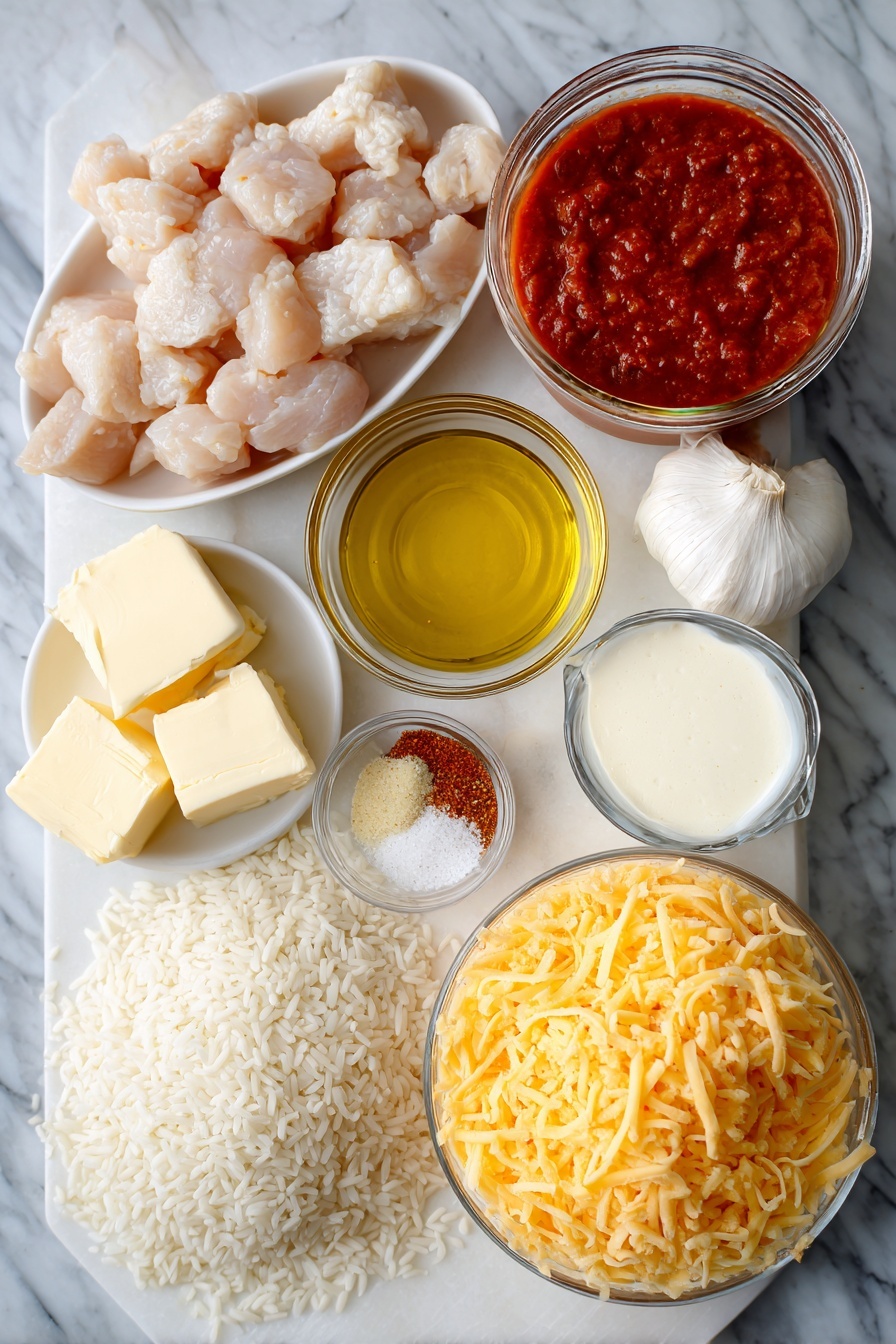 One Pot Queso Chicken and Rice, cheesy chicken and rice dinner, Tex-Mex chicken and rice, quick one pot chicken recipes, easy flavorful weeknight dinner - Flat lay of a small pile of cubed raw chicken breast, two tablespoons of golden olive oil in a small glass dish, a few pats of salted butter, one small diced yellow onion, a mound of long grain white rice, three peeled garlic cloves finely minced, a clear jar filled with red salsa, a small heap of ground cumin and chili powder, a small jug of creamy heavy cream, and two generous piles of shredded cheddar cheese, placed on a white marble surface, photo taken with an iphone --ar 2:3 --v 7