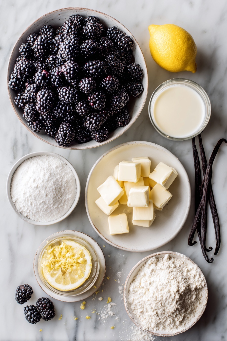 Old Fashioned Blackberry Cobbler, Blackberry Cobbler, Summer Berry Desserts, Homemade Berry Pie, Juicy Blackberry Dessert - Flat lay of a large bowl overflowing with fresh blackberries, a lemon cut in half with zest sprinkled nearby, a small mound of white granulated sugar, a tiny bowl of cornstarch, a stick of cold butter diced into cubes, a small bowl of all-purpose flour next to powdered sugar dusted lightly around it, a glass of creamy half and half, and a few vanilla beans and baking powder scattered artistically, placed on a white marble surface, photo taken with an iphone --ar 2:3 --v 7