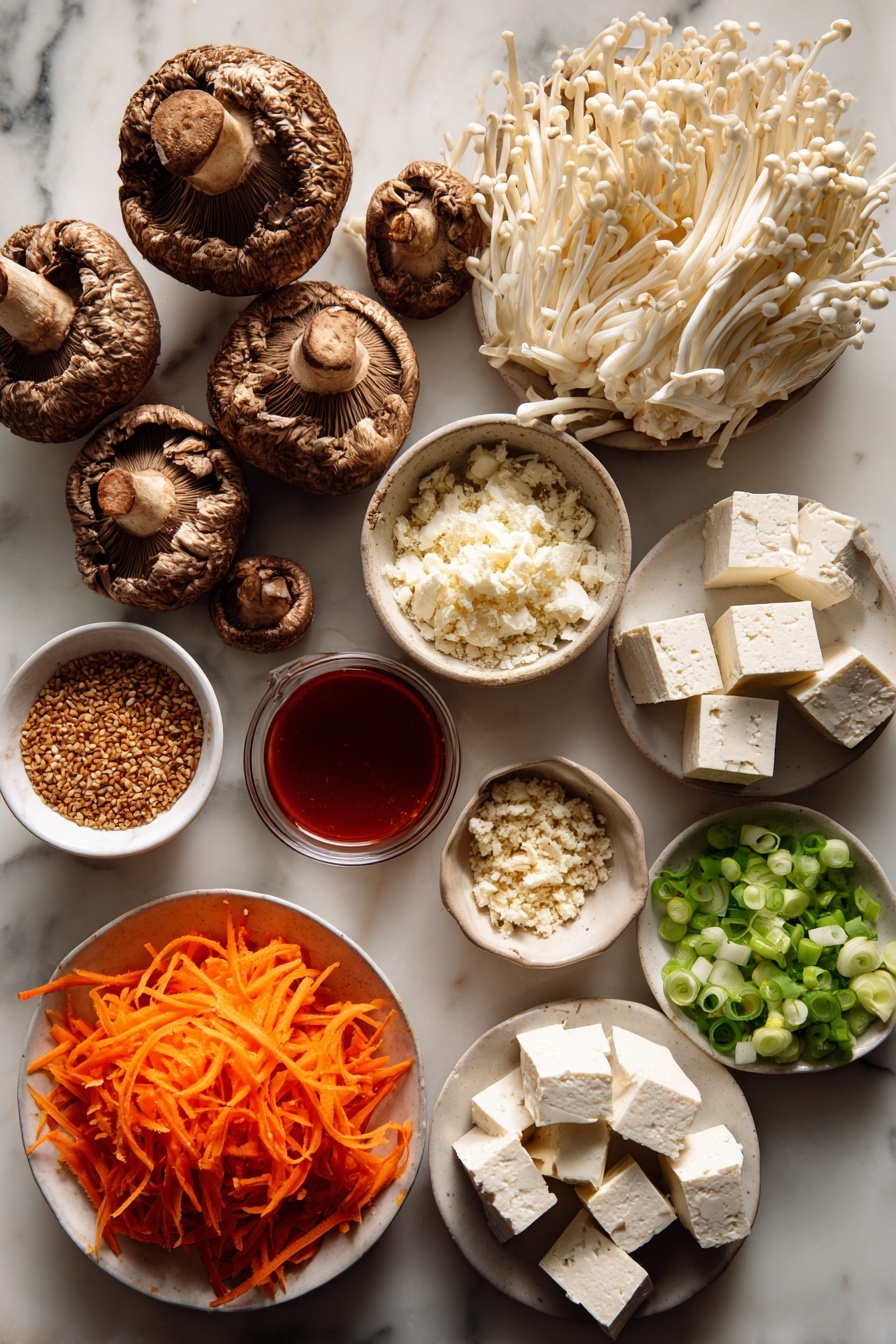 Easy Vegan Ramen, vegan ramen recipe, plant-based ramen, quick vegan soup, healthy vegan noodle bowl - Flat lay of fresh shiitake mushrooms with their textured caps, bright orange shredded carrots in a neat pile, thinly sliced scallions showing their vibrant green and white layers, small mounds of finely grated ginger and minced garlic, scattered toasted sesame seeds sparkling, firm cubes of extra-firm tofu with a creamy white color, and a small bowl of deep red sriracha sauce, all beautifully arranged on a white marble surface, photo taken with an iphone --ar 2:3 --v 7