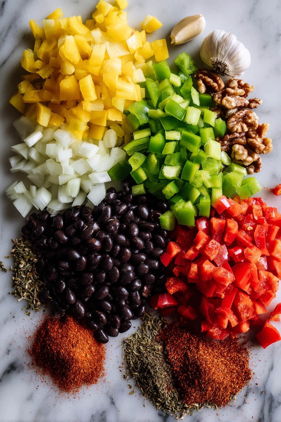 Lentil Chili, hearty vegetarian chili, smoky lentil stew, plant-based chili recipe, vegan comfort food - Flat lay of vibrant diced yellow onion, bright green bell pepper pieces, whole garlic cloves, deep red crushed tomatoes in a small pile, dry red lentils scattered, shiny black beans grouped together, rustic chopped walnuts, and a small heap of chili powder with cumin and smoked paprika mixed nearby, arranged beautifully on a white marble surface, photo taken with an iphone --ar 2:3 --v 7