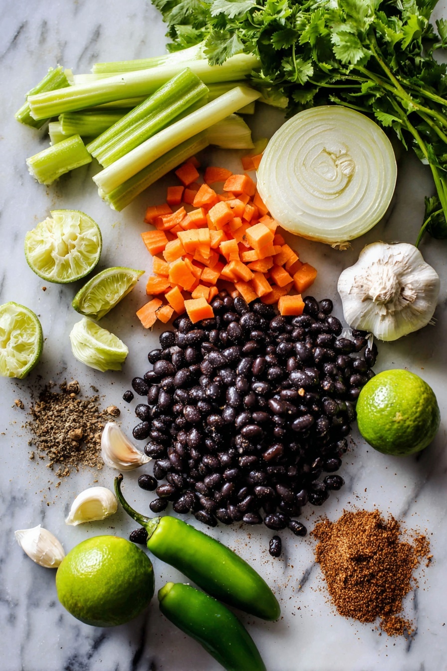 Vegan Black Bean Soup, vegan black bean soup savory dish, hearty vegan soup recipe, plant-based black bean soup, easy vegan soup ideas - Flat lay of black beans scattered next to diced orange carrots, chopped celery ribs, a whole large onion sliced in half showing its layers, several cloves of garlic with papery skins, fresh lime cut into wedges, a small heap of ground cumin powder, bright green cilantro leaves, and a few spicy jalapeños, all beautifully arranged on a white marble surface, photo taken with an iphone --ar 2:3 --v 7