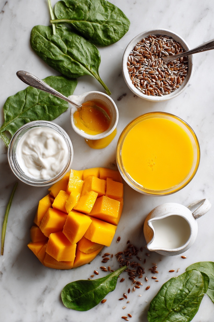 Creamy Mango Smoothie, tropical mango smoothies, healthy mango drink, dairy-free mango smoothie, quick fruit smoothies - Flat lay of bright orange frozen mango chunks, a small glass of vibrant orange juice, a dollop of creamy white coconut yogurt, smooth coconut milk in a small jug, a drizzle of golden agave syrup in a spoon, fresh green baby spinach leaves scattered around, and a handful of light brown flax seeds, all beautifully arranged on a white marble surface, photo taken with an iphone --ar 2:3 --v 7