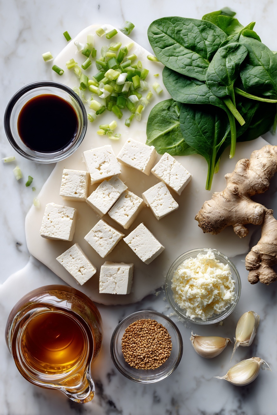 Quick One Pan Tofu Stir Fry, tofu stir fry, easy vegetarian dinner, healthy tofu recipe, quick weeknight dinner - Flat lay of a block of extra-firm tofu cut into cubes, fresh green onions sliced into rings, vibrant baby spinach leaves, peeled garlic cloves, a small pile of fresh grated ginger, a small bowl of dark soy sauce, a glass container of amber maple syrup, and golden sesame seeds beautifully arranged in clusters, placed on a white marble surface, photo taken with an iphone --ar 2:3 --v 7