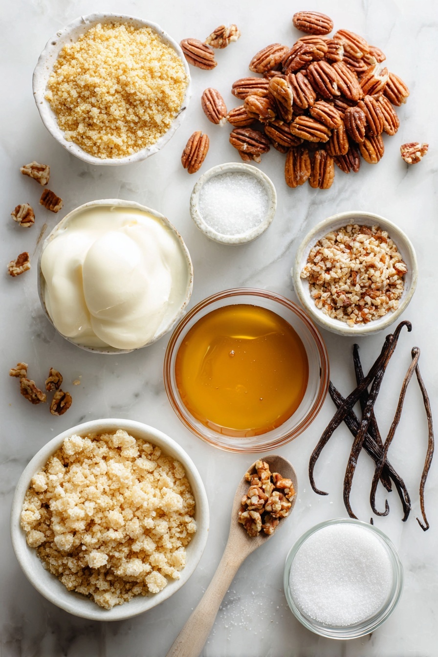 Angel Pecan Pie, pecan pie dessert, fluffy pecan pie, elegant pecan pie, easy holiday pies - Flat lay of finely crushed golden butter crackers, whole and chopped glossy pecans, fresh egg whites in a soft peak form, smooth vanilla beans split open, rich and creamy heavy whipping cream, amber-colored real maple syrup in a small pool, scattered granulated white sugar crystals, and a sprinkle of baking powder, all beautifully arranged with natural light highlighting their textures and colors, placed on a white marble surface, photo taken with an iphone --ar 2:3 --v 7