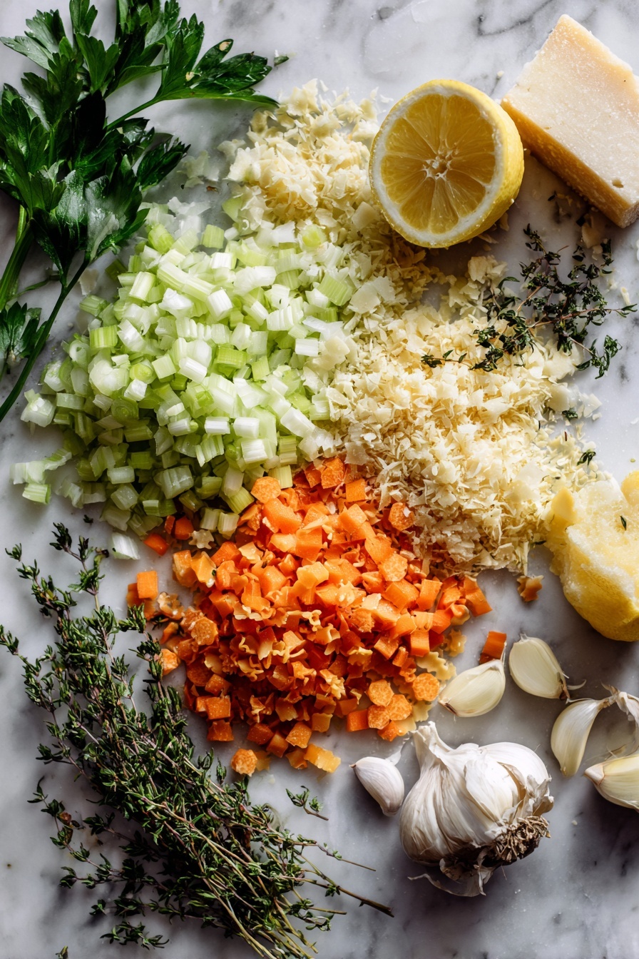 Italian Pastina Soup, Comforting Italian soup recipe, Easy pastina soup, Nourishing Italian broth soup, Simple pasta soup recipe - Flat lay of finely diced celery, carrot, and onion, whole garlic cloves, fresh thyme sprigs, uncooked pastina pasta, fresh parsley leaves, a halved lemon, and a wedge of parmesan cheese, all beautifully arranged with vibrant colors and natural textures, placed on a white marble surface, photo taken with an iphone --ar 2:3 --v 7