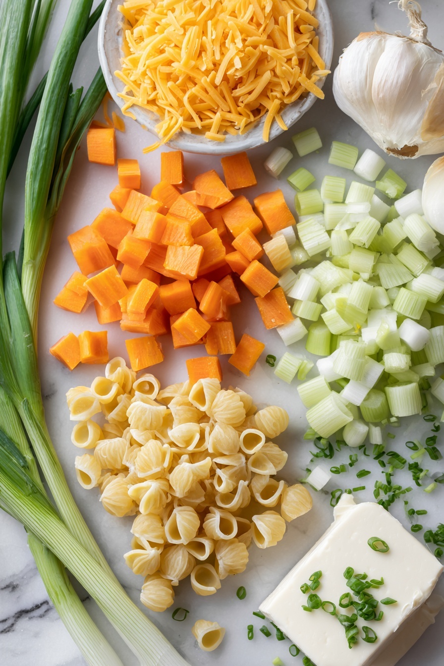 Mac & Cheese Soup, cheesy comfort food, creamy soup recipes, hearty cheese soup, easy cheesy soup - Flat lay of diced orange carrots, diced pale green celery stalks, a whole peeled onion with layers visible, peeled garlic cloves scattered nearby, a block of creamy white cream cheese, bright yellow shredded cheddar cheese heaps, uncooked small pasta shells, fresh green chives and sliced green onions sprinkled artfully, placed on a white marble surface, photo taken with an iphone --ar 2:3 --v 7