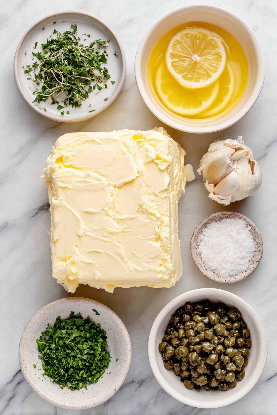 Lemon Caper Sauce, lemon caper sauce recipe, easy lemon caper sauce, fish lemon caper sauce, quick lemon sauce for chicken - Flat lay of a small mound of unsalted butter, a single small garlic clove, a small white ceramic bowl filled with freshly squeezed lemon juice, a small white ceramic bowl holding green capers, a few sprigs of finely chopped fresh parsley, and a small white ceramic bowl of kosher salt, all arranged with perfect symmetry on a clean white marble surface, soft natural light, photo taken with an iPhone, professional food photography style, fresh ingredients, white ceramic bowls, no bottles, no duplicates, no utensils, no packaging --ar 2:3 --v 7 --p awthu7i m7354615311229779997