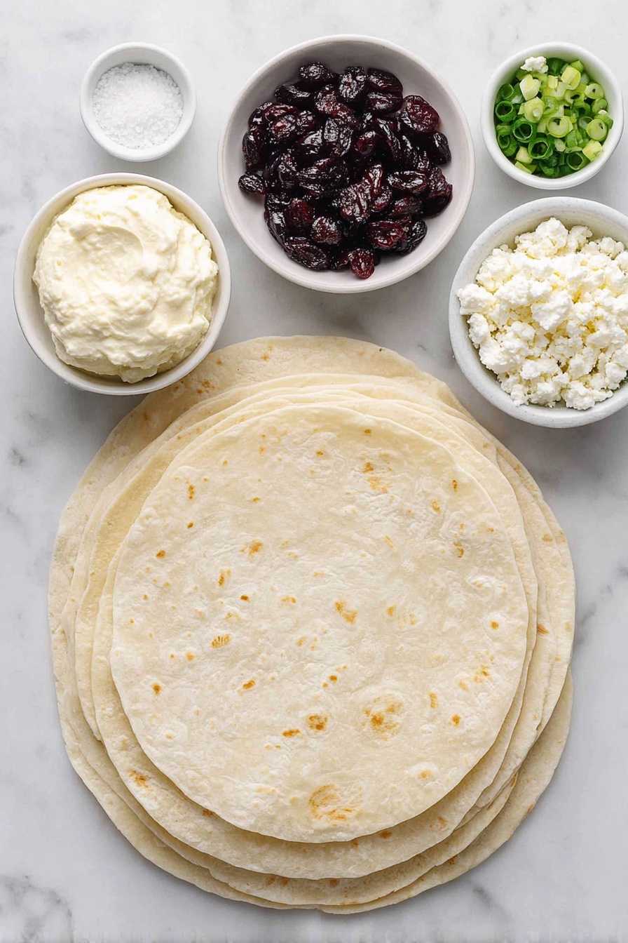 Cranberry Feta Spinach Tortilla Pinwheels, festive appetizer ideas, easy party snacks, healthy vegetable roll-ups, quick appetizer recipes - Flat lay of fresh whole spinach tortillas stacked neatly, a smooth mound of softened cream cheese in a small white ceramic bowl, a small white bowl filled with plump dried cranberries, a small white bowl with crumbled feta cheese, a small white bowl containing freshly sliced green onions, a small white bowl holding fine white sugar crystals, all arranged in perfect symmetry on a clean white marble surface, soft natural light, photo taken with an iPhone, professional food photography style, fresh ingredients, white ceramic bowls, no bottles, no duplicates, no utensils, no packaging --ar 2:3 --v 7 --p awthu7i m7354615311229779997