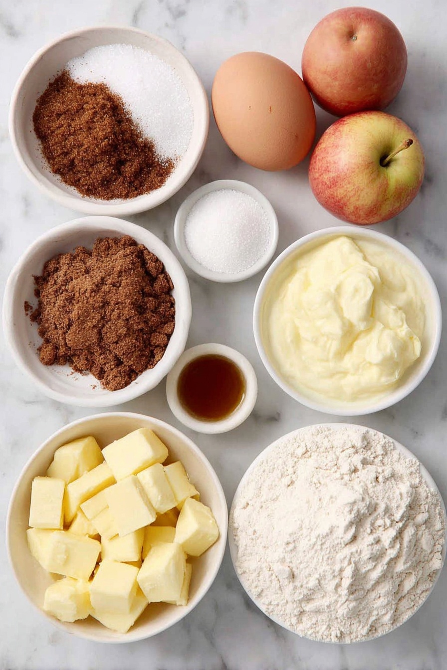 Apple Cinnamon Crumb Muffins, apple cinnamon muffins, easy apple muffins, homemade apple muffins, fall breakfast muffins - Flat lay of a small pile of light and dark brown sugar crystals, a small mound of granulated white sugar, a teaspoon of ground cinnamon as a fine powder, a few chunks of unsalted butter melting slightly, a small heap of all-purpose flour, two large whole uncracked brown eggs, a small white bowl filled with creamy plain yogurt, a small white bowl with pale golden milk, two medium peeled and chopped fresh apples with visible skin edges, and a small white bowl containing pure vanilla extract placed on a clean white marble surface, soft natural light, photo taken with an iPhone, professional food photography style, fresh ingredients, white ceramic bowls, no bottles, no duplicates, no utensils, no packaging --ar 2:3 --v 7 --p awthu7i m7354615311229779997