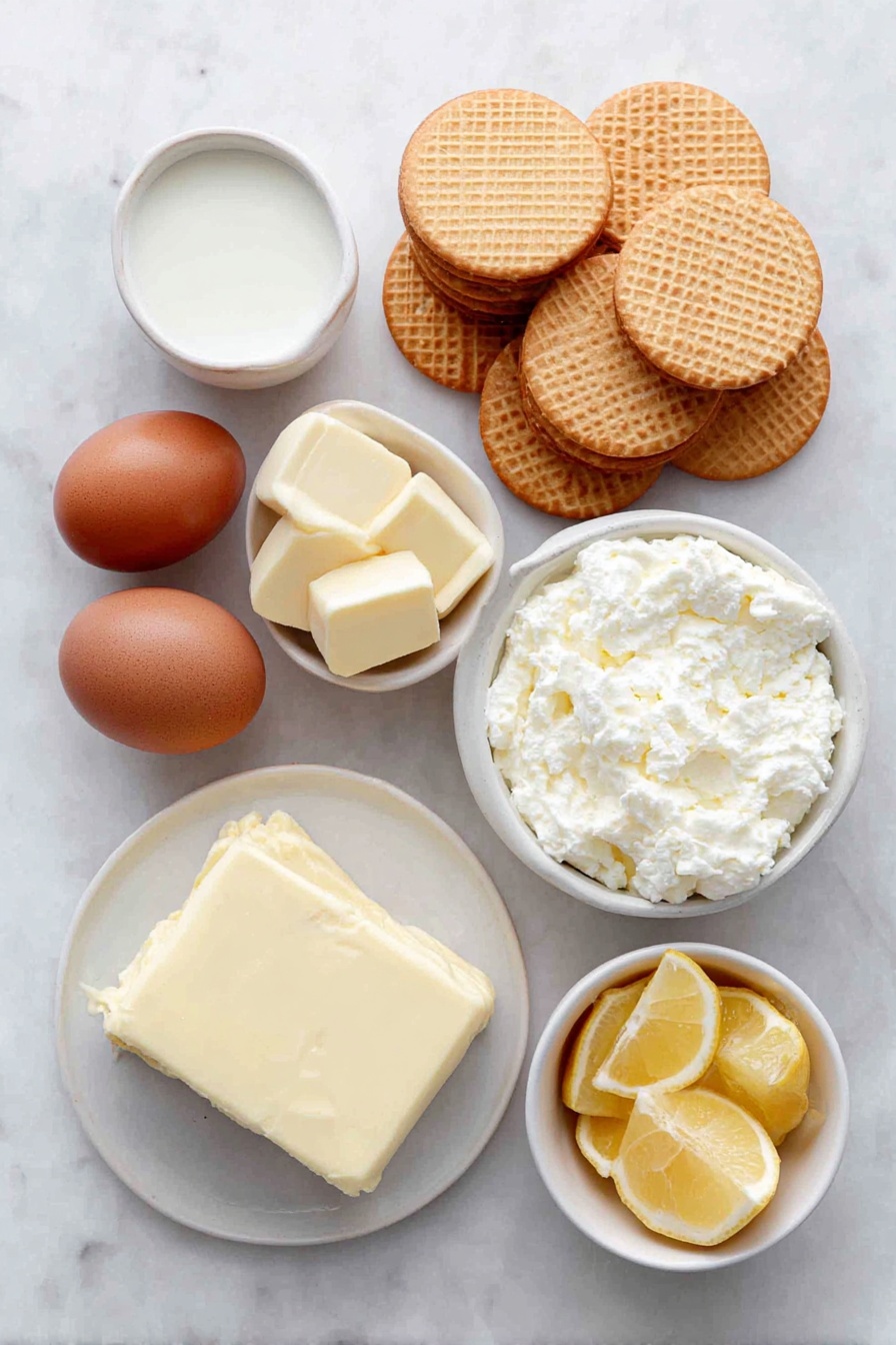 No-Bake Cheesecake with Condensed Milk, easy no-bake cheesecake, creamy cheesecake dessert, quick summer desserts, no oven cheesecake recipe - Flat lay of whole vanilla wafers arranged in a neat cluster, a few pats of smooth salted butter on a simple white ceramic plate, two uncracked brown eggs with clean shells, a small white ceramic bowl filled with glossy sweetened condensed milk, a block of dense cream cheese with a creamy texture on a white ceramic dish, and a small white ceramic bowl holding fresh lemon wedges, placed on a clean white marble surface, soft natural light, photo taken with an iPhone, professional food photography style, fresh ingredients, white ceramic bowls, no bottles, no duplicates, no utensils, no packaging --ar 2:3 --v 7 --p awthu7i m7354615311229779997