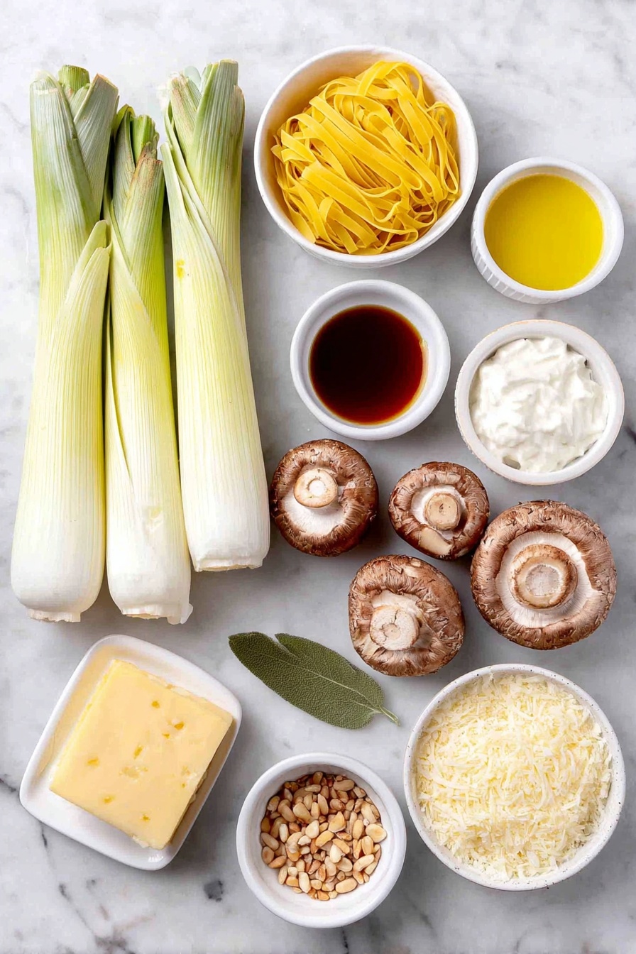 Caramelized Leek Mushroom Pasta, Leek Mushroom Pasta Recipe, Creamy Mushroom Leek Pasta, Vegetarian Pasta with Mushrooms, Gourmet Pasta with Gruyère - Flat lay of fresh sliced pale green leeks, whole oyster mushrooms with smooth caps, a small mound of uncooked yellow fettuccine pasta, a few whole sage leaves, four whole uncracked brown garlic cloves, a small white bowl of golden olive oil, a small white bowl of creamy white butter, a small white bowl of thick heavy cream, a small white bowl of dark balsamic vinegar, a small white bowl of amber sherry wine, a small white bowl of finely grated pale yellow gruyere cheese, a small white bowl of toasted light brown pine nuts, a small white bowl of bright yellow lemon zest, scattered whole black peppercorns, coarse sea salt crystals, all arranged symmetrically and balanced on a clean white marble surface, soft natural light, photo taken with an iPhone, professional food photography style, fresh ingredients, white ceramic bowls, no bottles, no duplicates, no utensils, no packaging --ar 2:3 --v 7 --p awthu7i m7354615311229779997