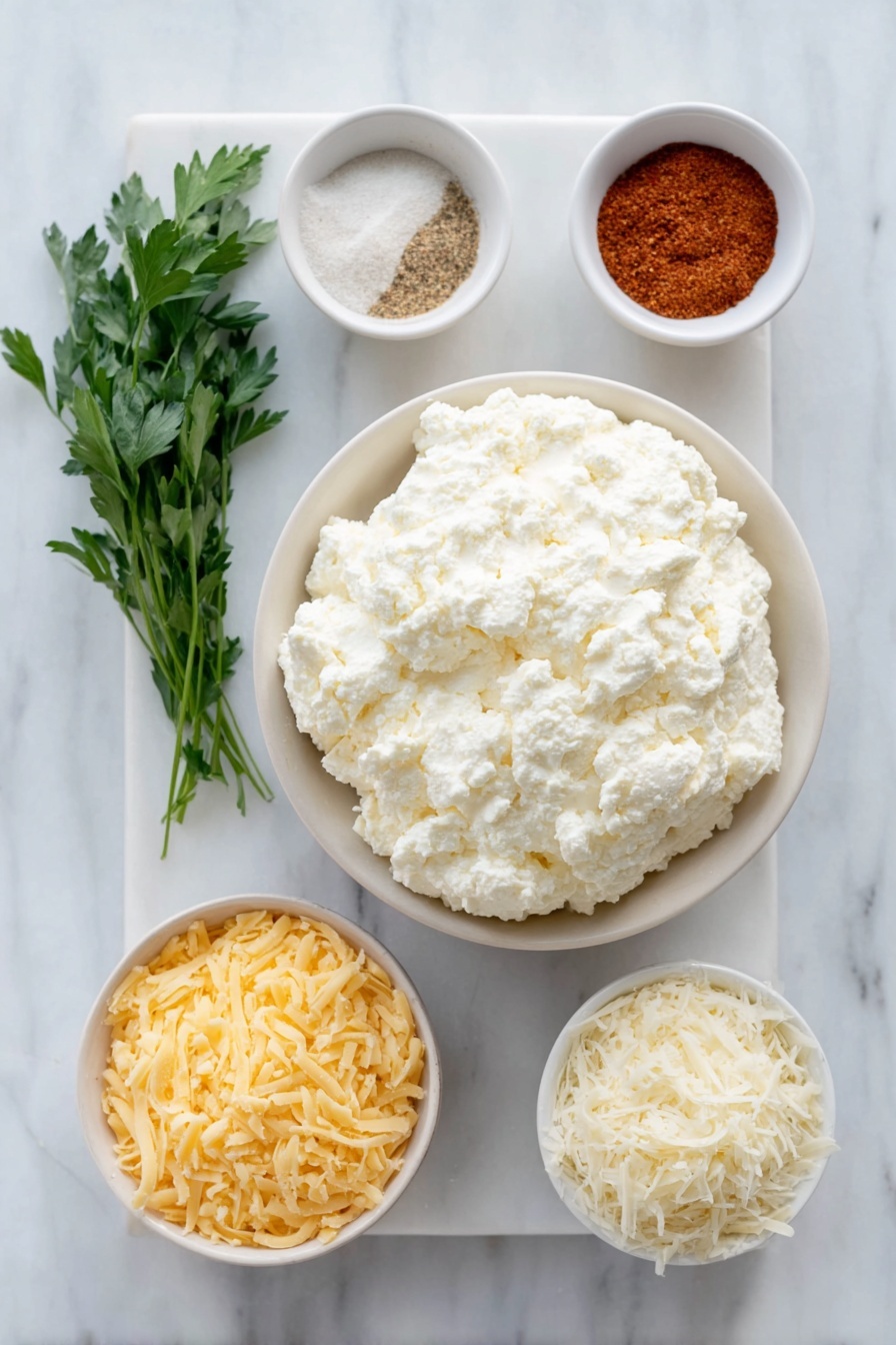 Cottage Cheese Chips, Healthy Protein Snacks, Crunchy Cottage Cheese Snacks, Easy Snack Recipes, Low-Calorie Snack Ideas - Flat lay of a small mound of fresh full-fat cottage cheese, a few sprigs of fresh parsley, a small white ceramic bowl of garlic powder, a small white ceramic bowl of taco seasoning, a small white ceramic bowl of grated cheddar cheese, and a small white ceramic bowl of grated parmesan cheese placed in perfect symmetry around the cottage cheese, all ingredients fresh and natural, arranged on a simple white ceramic tray, placed on a clean white marble surface, soft natural light, photo taken with an iPhone, professional food photography style, fresh ingredients, white ceramic bowls, no bottles, no duplicates, no utensils, no packaging --ar 2:3 --v 7 --p awthu7i m7354615311229779997