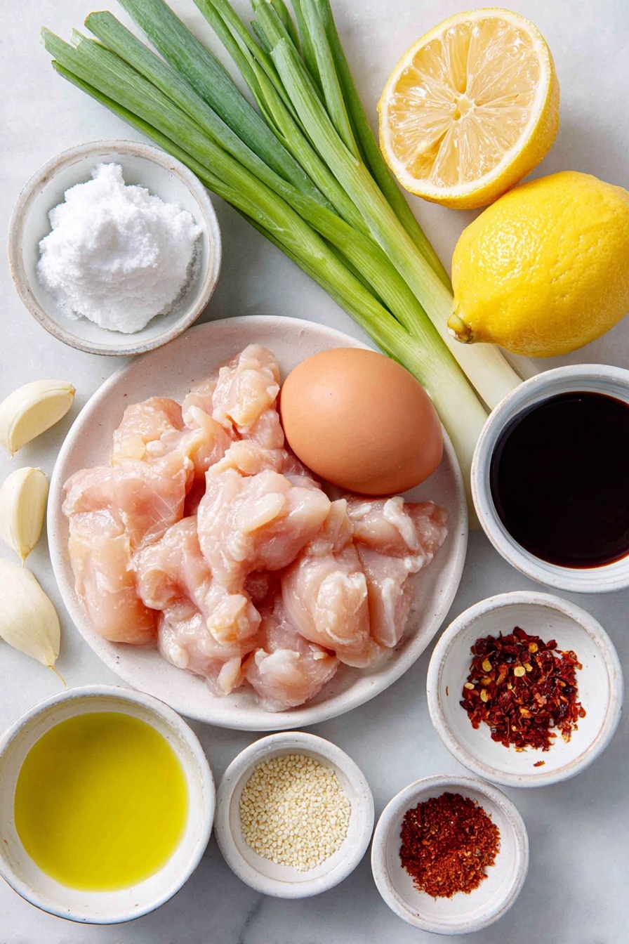 Sticky Honey Lemon Chicken, honey lemon chicken, quick weeknight dinner, easy chicken recipes, tangy glazed chicken - Flat lay of boneless skinless chicken breasts cut into thin bite-sized pieces, a whole clean brown egg, a small mound of white cornstarch on a simple white ceramic plate, a few peeled fresh garlic cloves grated, a piece of fresh ginger root grated, thinly sliced scallions arranged neatly, a small pile of toasted sesame seeds, a whole lemon cut in half showing bright yellow zest and juice, a small white ceramic bowl of golden honey, a small white ceramic bowl with dark low-sodium soy sauce, a small white ceramic bowl of light golden olive oil, a small white ceramic bowl with pale rice wine vinegar, and a small white ceramic bowl with crushed red chili flakes, all ingredients fresh and natural, balanced and symmetrical composition, placed on a clean white marble surface, soft natural light, photo taken with an iPhone, professional food photography style, fresh ingredients, white ceramic bowls, no bottles, no duplicates, no utensils, no packaging --ar 2:3 --v 7 --p awthu7i m7354615311229779997