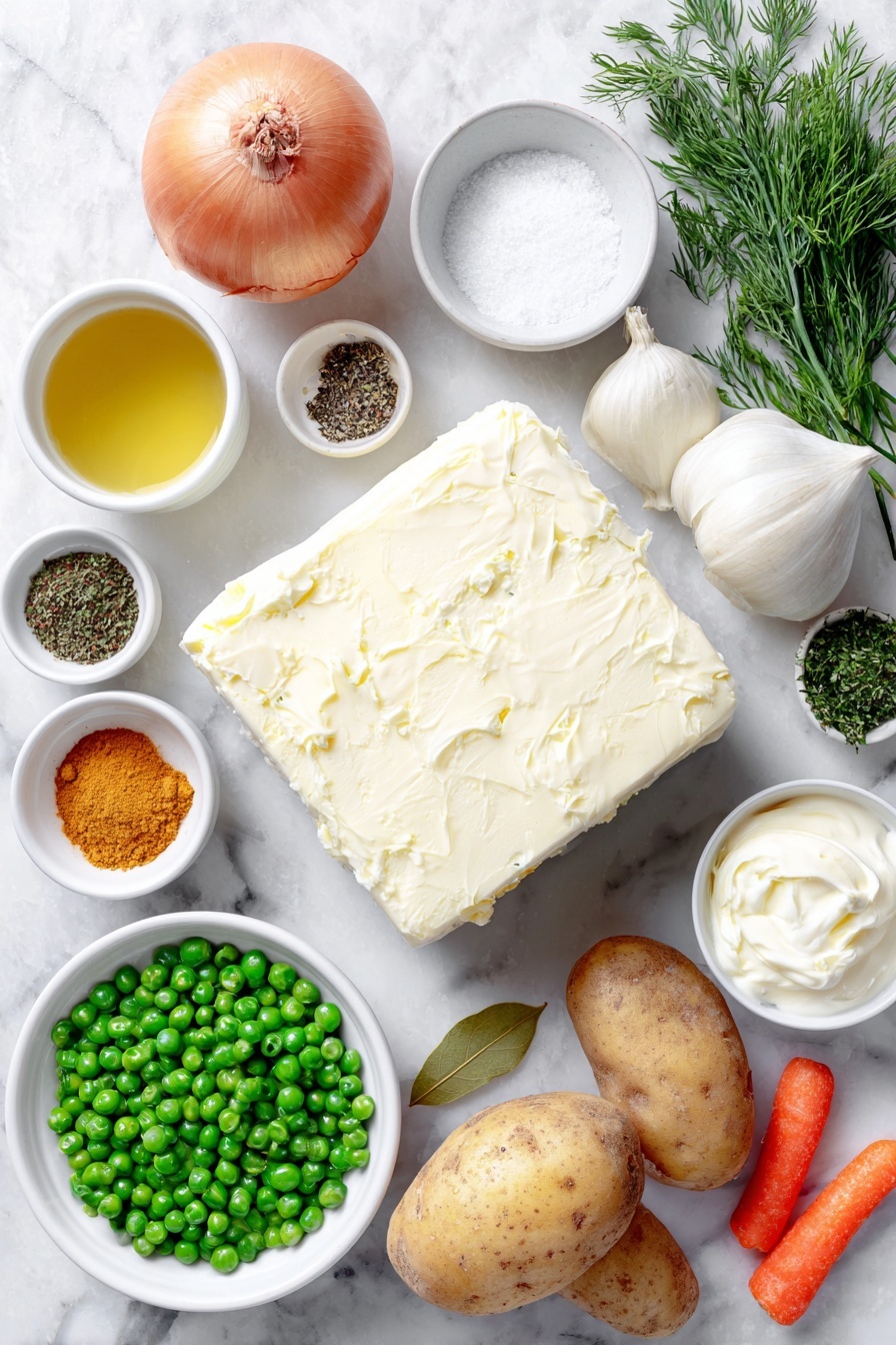 Polish Dill Soup, Polish dill soup recipe, easy Polish soup, comforting Polish soups, dill soup with sour cream - Flat lay of a small cube of unsalted butter, one whole brown onion, two whole garlic cloves, three peeled and diced carrots, two chopped scallions showing their white and light green parts, a small white ceramic bowl of coarse salt, a small white ceramic bowl of whole black peppercorns, a small white ceramic bowl of dried marjoram, a small white ceramic bowl of ground turmeric, a small white ceramic bowl of ground nutmeg, one fresh bay leaf, three peeled and diced waxy potatoes, a small white ceramic bowl of bright green frozen peas, a small white ceramic bowl filled with golden chicken broth, a small white ceramic bowl of full fat sour cream at room temperature, and a small pile of freshly chopped dill on a simple white ceramic plate, all arranged symmetrically and evenly spaced, placed on a clean white marble surface, soft natural light, photo taken with an iPhone, professional food photography style, fresh ingredients, white ceramic bowls, no bottles, no duplicates, no utensils, no packaging --ar 2:3 --v 7 --p awthu7i m7354615311229779997