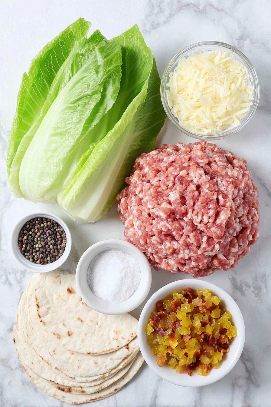 Crispy Chicken Caesar Tacos, Chicken Caesar Tacos, Crispy Chicken Tacos, Caesar Salad Tacos, Easy Chicken Tacos - Flat lay of fresh ground chicken in a small mound, a small white bowl of garlic powder, a small white bowl of coarse salt, a small white bowl of black peppercorns, a neat stack of small soft flour tortillas, a halved head of crisp romaine lettuce showing vibrant green leaves, a small white bowl filled with creamy Caesar dressing, a small white bowl of finely grated parmesan cheese, and a small white bowl with golden crispy bacon bits, all arranged in perfect symmetry on a clean white marble surface, soft natural light, photo taken with an iPhone, professional food photography style, fresh ingredients, white ceramic bowls, no bottles, no duplicates, no utensils, no packaging --ar 2:3 --v 7 --p m7354615311229779997