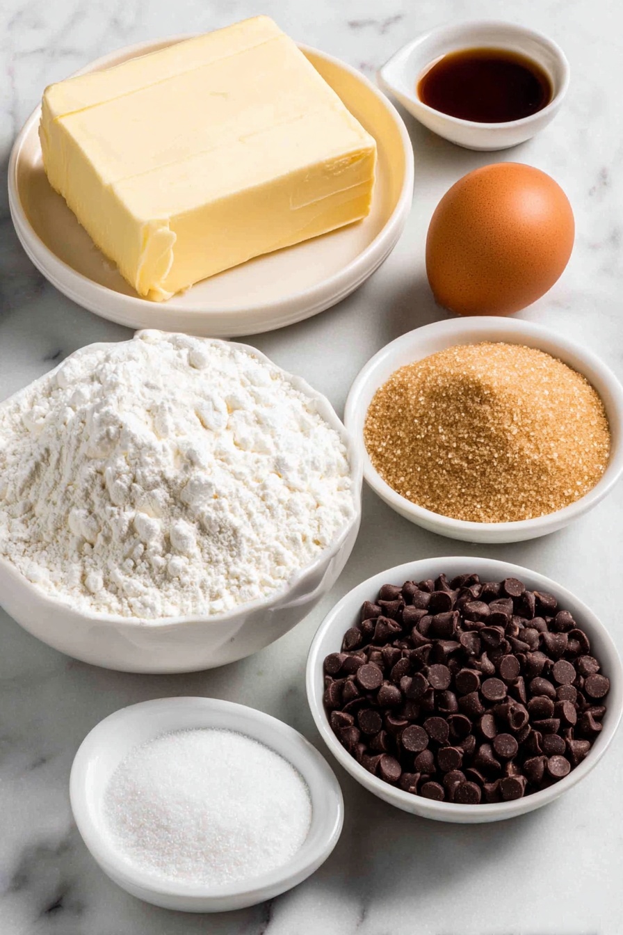 Chocolate Chip Cookie Cake, cookie cake recipe, easy cookie cake, giant cookie cake, celebratory dessert - Flat lay of room-temperature unsalted butter in a large white ceramic bowl, packed light brown sugar in a small white ceramic bowl, one whole large brown egg and one white egg yolk on a white ceramic dish, pure vanilla extract in a small white ceramic bowl, all-purpose flour in a simple white ceramic bowl, fine cornstarch in a small white ceramic bowl, baking soda in a small white ceramic bowl, fine salt in a small white ceramic bowl, semi-sweet chocolate chips scattered naturally on a white ceramic plate, placed on a clean white marble surface, soft natural light, photo taken with an iPhone, professional food photography style, fresh ingredients, white ceramic bowls, no bottles, no duplicates, no utensils, no packaging --ar 2:3 --v 7 --p m7354615311229779997