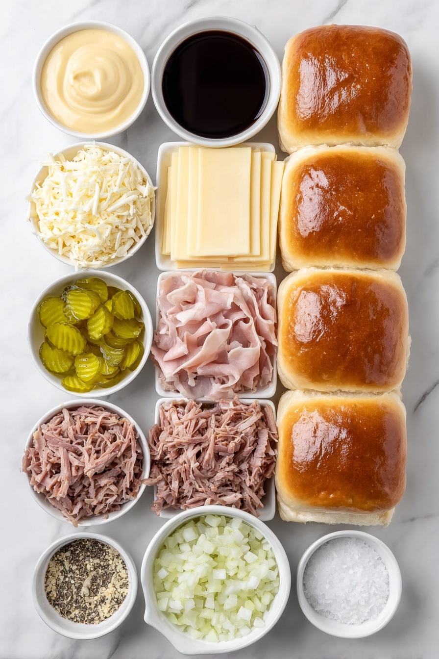 Cuban Pulled Pork Sliders, Cuban Pulled Pork Sandwiches, Easy Pulled Pork Sliders, Party Slider Recipes, Flavorful Pulled Pork Snacks - Flat lay of a stack of twelve glossy Hawaiian sweet dinner rolls, a small white ceramic bowl with smooth Dijon-style mustard, a small white ceramic bowl holding dark Worcestershire sauce, thinly sliced delicate pink deli ham arranged neatly, a mound of tender pulled pork with a rich, juicy texture, twelve slices of pale yellow Swiss cheese laid flat, a simple white ceramic bowl filled with bright green dill pickle chips, a small white ceramic bowl containing melted golden butter, a small white ceramic bowl with dried minced garlic flakes, a small white ceramic bowl with dried minced onion flakes, a small white ceramic bowl with tiny black poppy seeds, and a small white ceramic bowl holding large flaky sea salt crystals, all arranged symmetrically on a clean white marble surface, soft natural light, photo taken with an iPhone, professional food photography style, fresh ingredients, white ceramic bowls, no bottles, no duplicates, no utensils, no packaging --ar 2:3 --v 7 --p m7354615311229779997