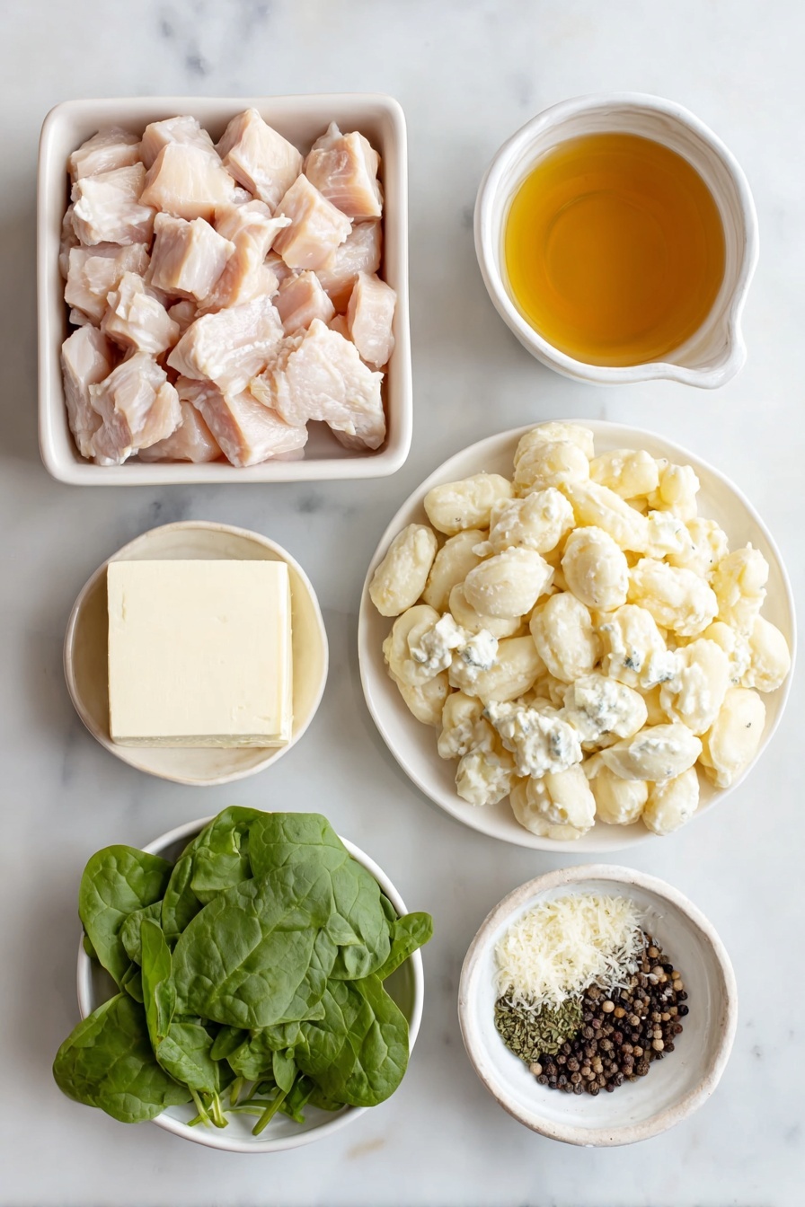 Creamy Chicken Gnocchi Skillet, chicken and gnocchi dinner, easy creamy chicken skillet, one-pan chicken gnocchi, quick comfort food recipes - Flat lay of a small white ceramic bowl of golden olive oil, a pat of unsalted butter on a white ceramic plate, diced raw chicken breast pieces arranged neatly on a simple white ceramic dish, four whole garlic cloves unpeeled placed beside a small white bowl of dry white wine, a small white bowl containing mixed Italian herbs, a small white bowl filled with clear chicken stock, a block of fresh cream cheese on a white ceramic plate, a mound of fresh gnocchi arranged on a white ceramic dish, a handful of bright baby spinach leaves loosely spread, a small white bowl with finely grated Parmesan cheese, and a small pile of whole black peppercorns all placed on a clean white marble surface, soft natural light, photo taken with an iPhone, professional food photography style, fresh ingredients, white ceramic bowls, no bottles, no duplicates, no utensils, no packaging --ar 2:3 --v 7 --p m7354615311229779997