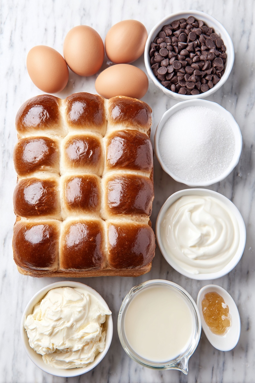 Tres Leches Bread Pudding with Chocolate Chips, tres leches bread pudding, bread pudding with chocolate chips, creamy tres leches dessert, indulgent bread pudding recipe - Flat lay of a loaf of brioche bread cut into cubes arranged neatly, seven whole uncracked brown eggs with clean shells, a small white bowl of semi-sweet chocolate chips, a small white bowl filled with granulated sugar, a small white bowl with thick sweetened condensed milk, a small white bowl with smooth evaporated milk, a small white bowl of whole milk, a small white bowl of golden vanilla extract, and a few grains of sea salt scattered delicately next to a small white bowl, placed on a clean white marble surface, soft natural light, photo taken with an iPhone, professional food photography style, fresh ingredients, white ceramic bowls, no bottles, no duplicates, no utensils, no packaging --ar 2:3 --v 7 --p m7354615311229779997